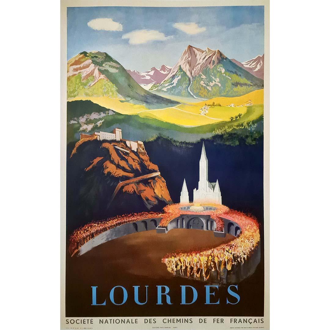 1951 original travel poster by Louis Berthomme Saint-Andr to Lourdes SNCF - Print by Louis Berthomme Saint-Andre