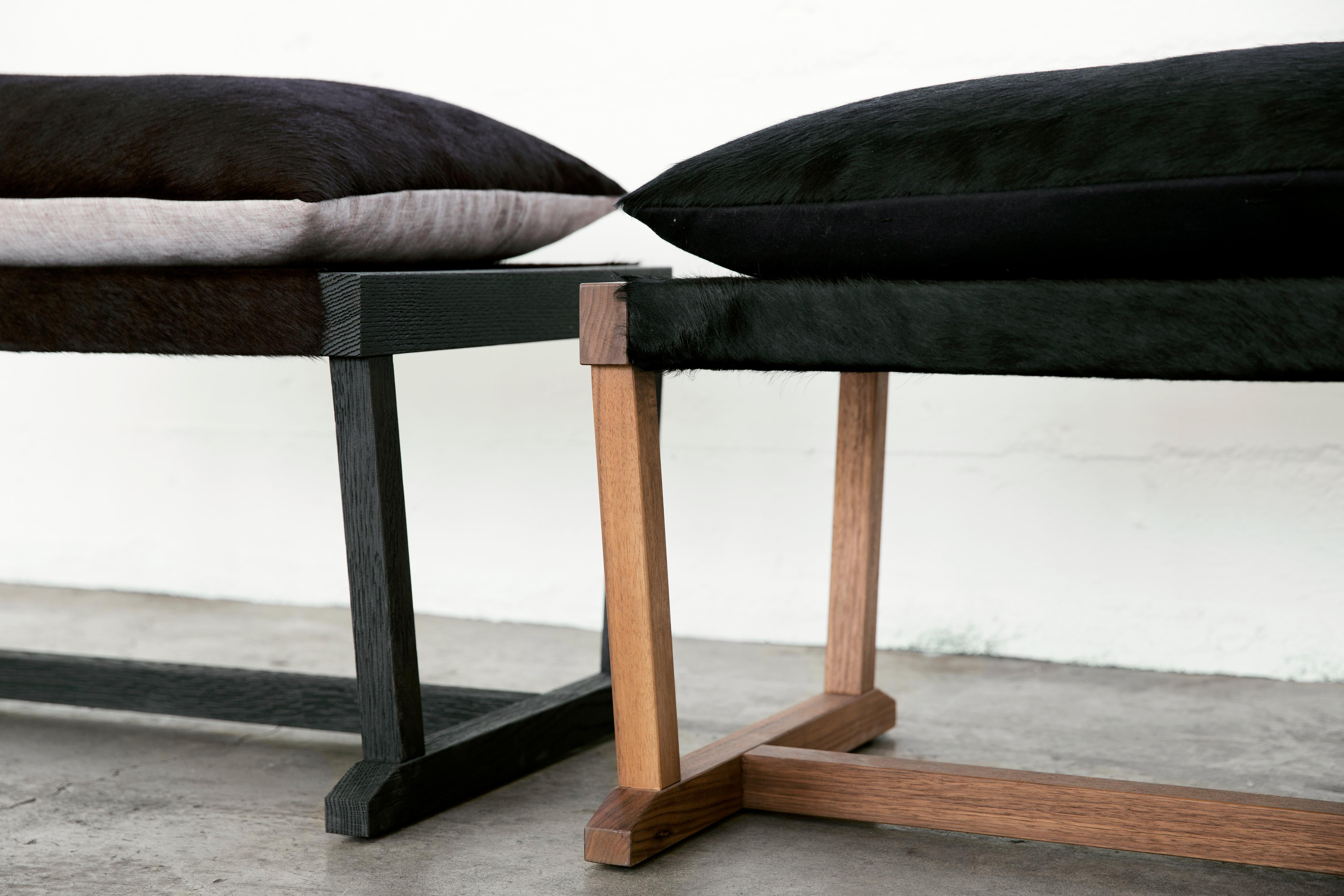 Modern LOUIS Black Bench in Oak/Walnut with Burgundy Cowhide Seat by Mandy Graham For Sale