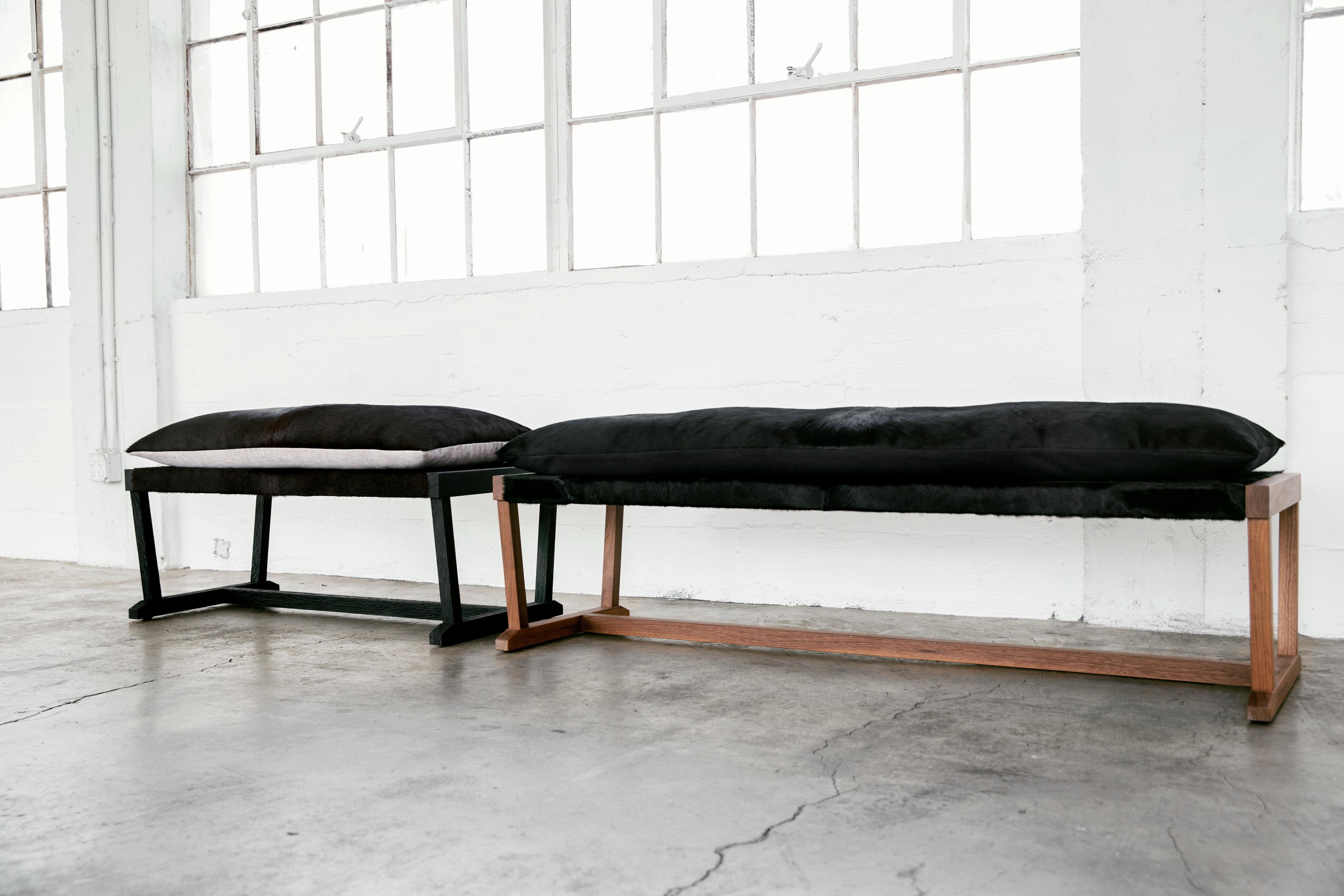 Blackened LOUIS Black Bench in Oak/Walnut with Burgundy Cowhide Seat by Mandy Graham For Sale