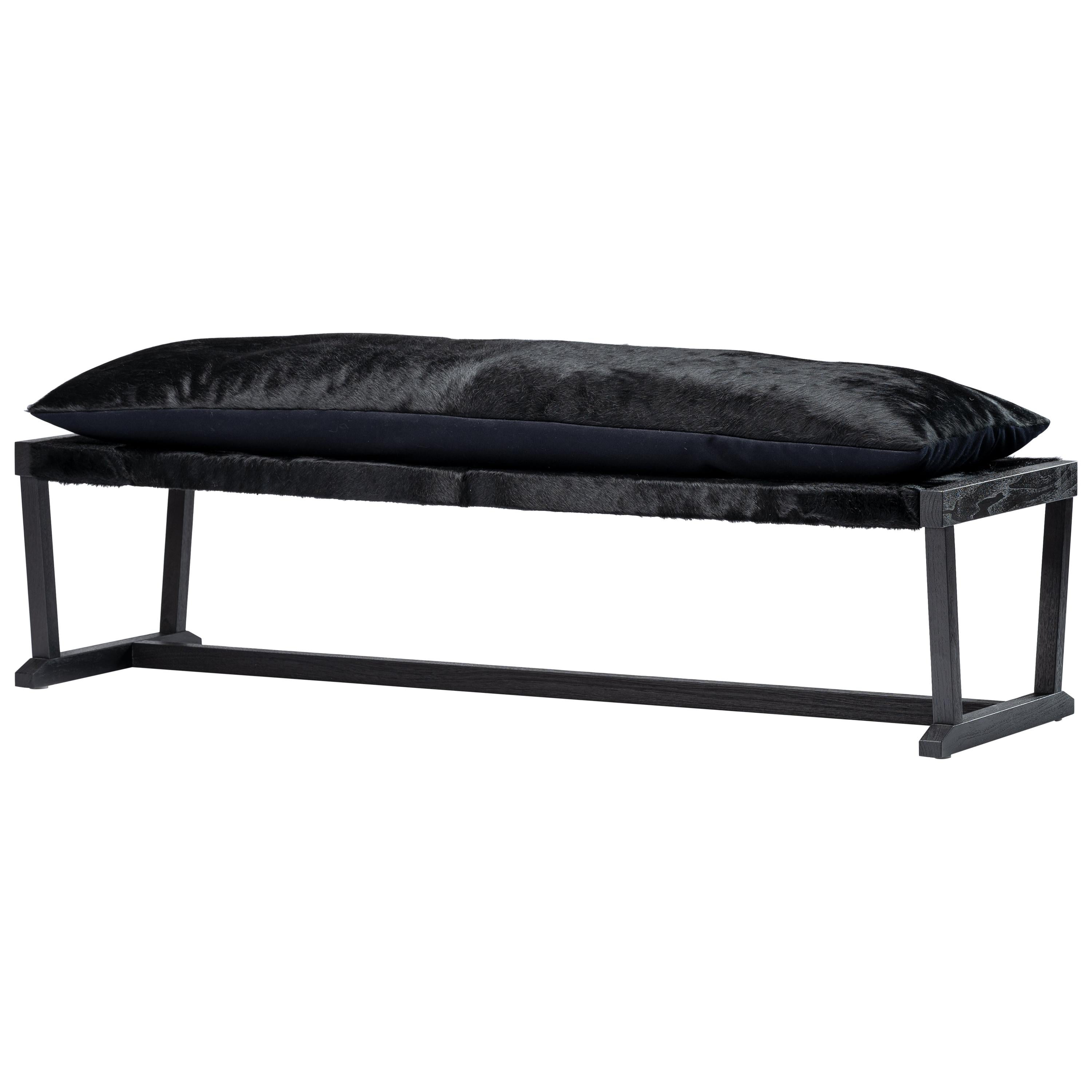 Louis Black Bench Sandblasted Oak/Walnut with Black Cowhide Seat, Mandy Graham For Sale