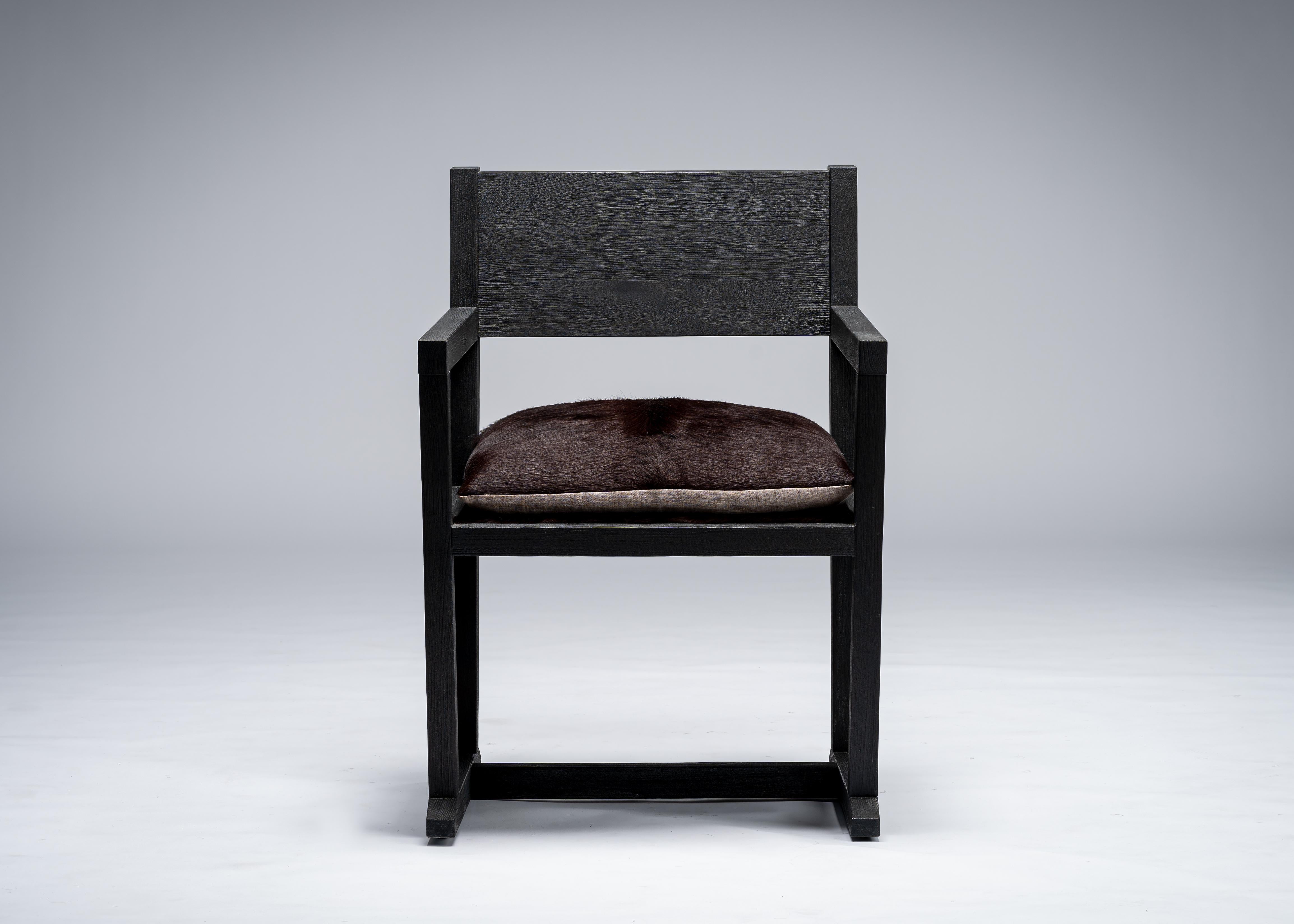 LOUIS chair by Mandy Graham

LOUIS
L01 - Chair / Armchair / Desk / Dining chair
Sandblasted oak/hairy cowhide seat
Measures: 24