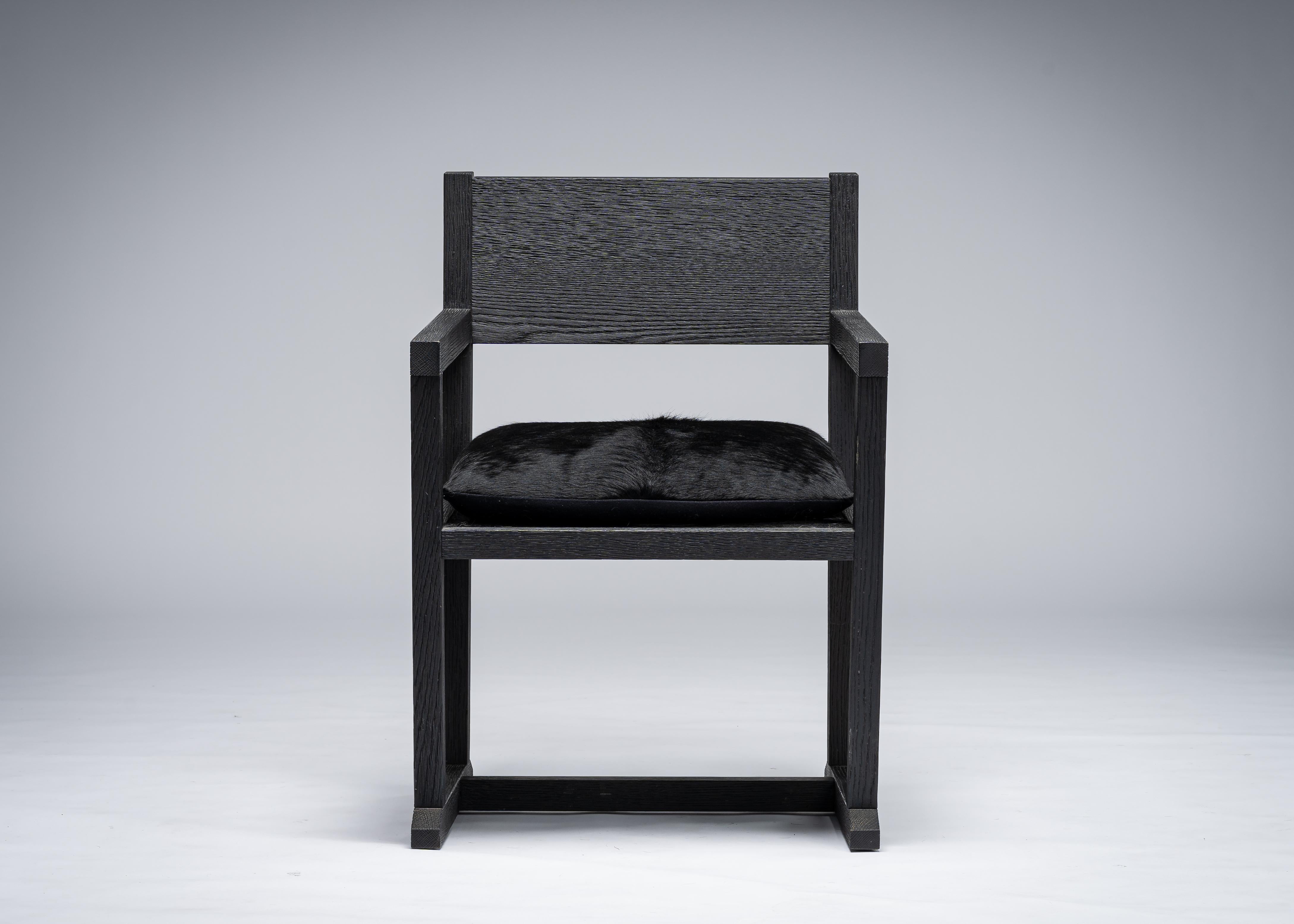 Louis chair by Mandy Graham

Louis
L01 - chair / armchair / desk / dining chair
sandblasted oak/hairy cowhide seat
Measures: 24