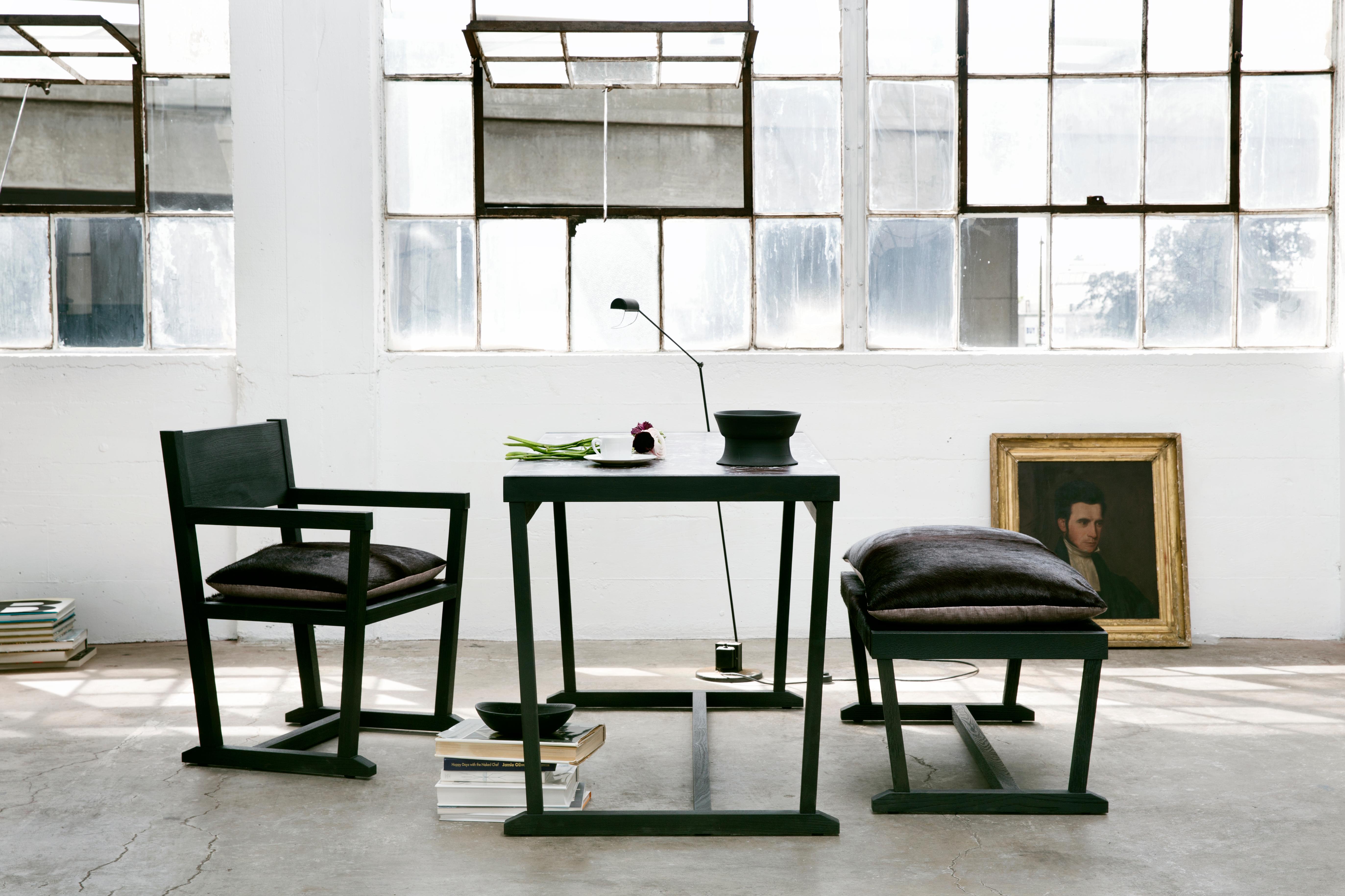 Contemporary Louis Black Desk Chair/Armchair Sandblasted Oak/Black Cowhide Seat, Mandy Graham For Sale