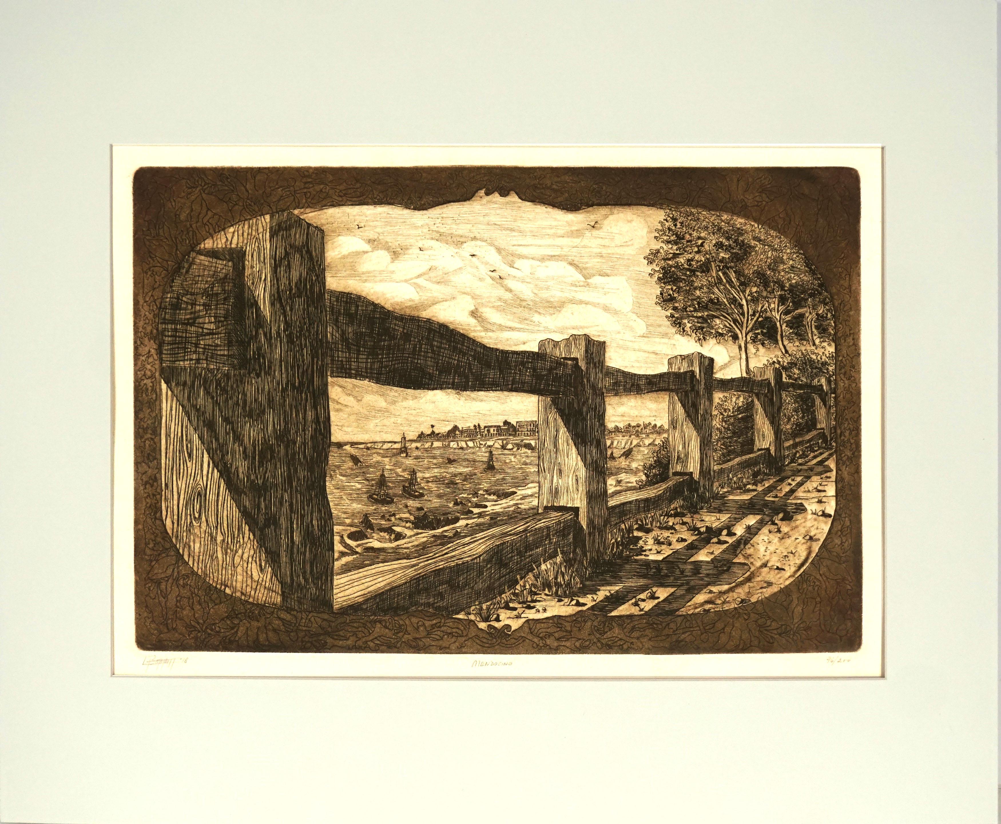 Acquaforte d'epoca della città costiera di Mendocino, nella California del Nord - Print di Louis Bobbitt