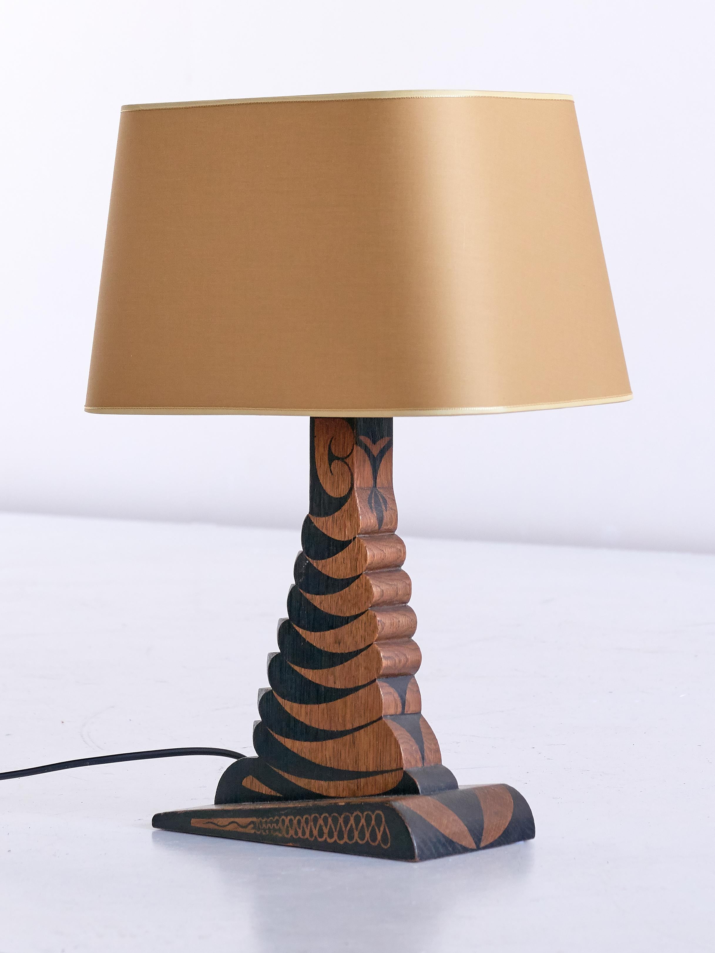Louis Bogtman Batiked Oak Table Lamp with Yellow Gold Shade, Netherlands, 1925 In Good Condition In The Hague, NL