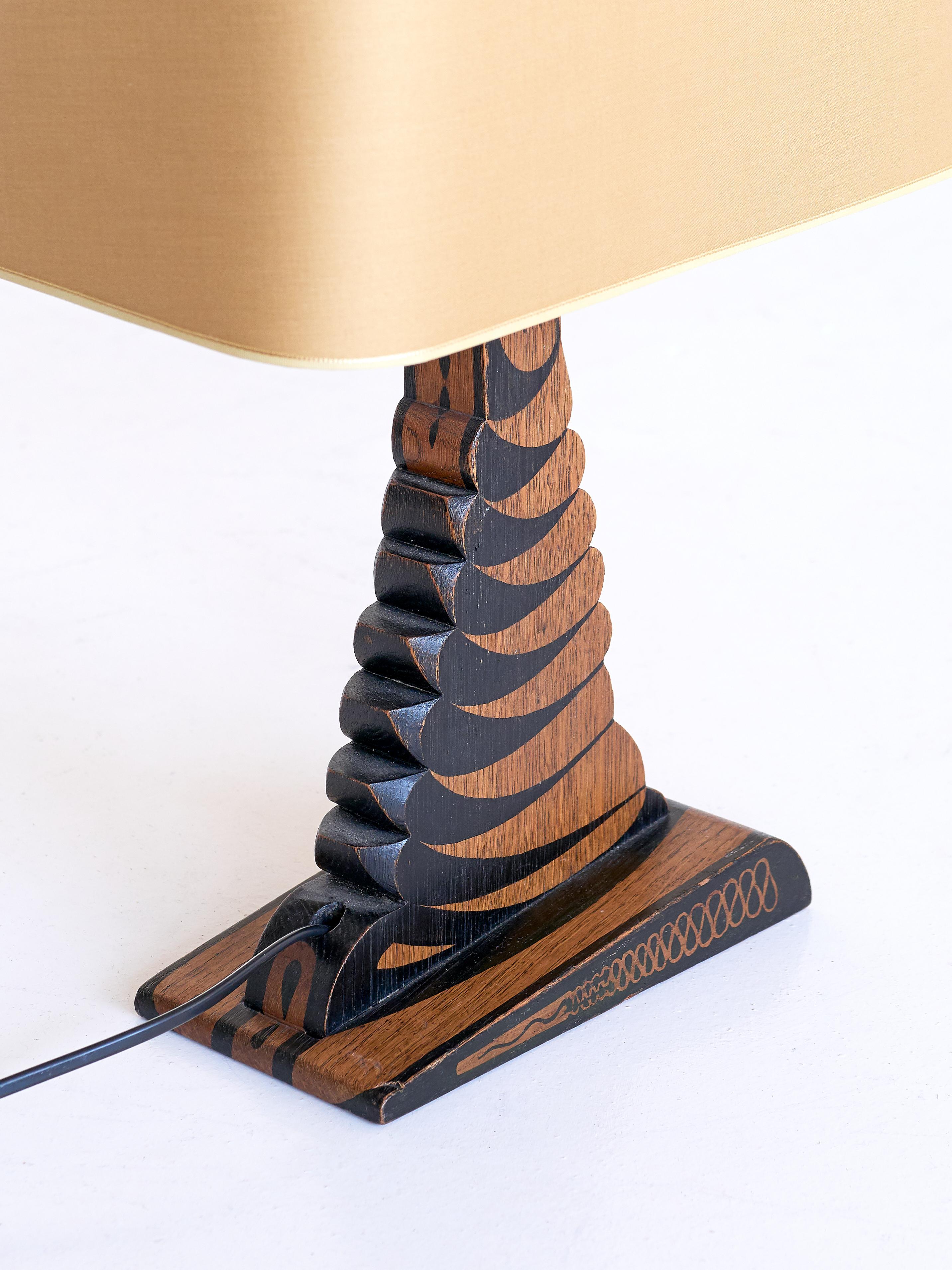 Early 20th Century Louis Bogtman Batiked Oak Table Lamp with Yellow Gold Shade, Netherlands, 1925