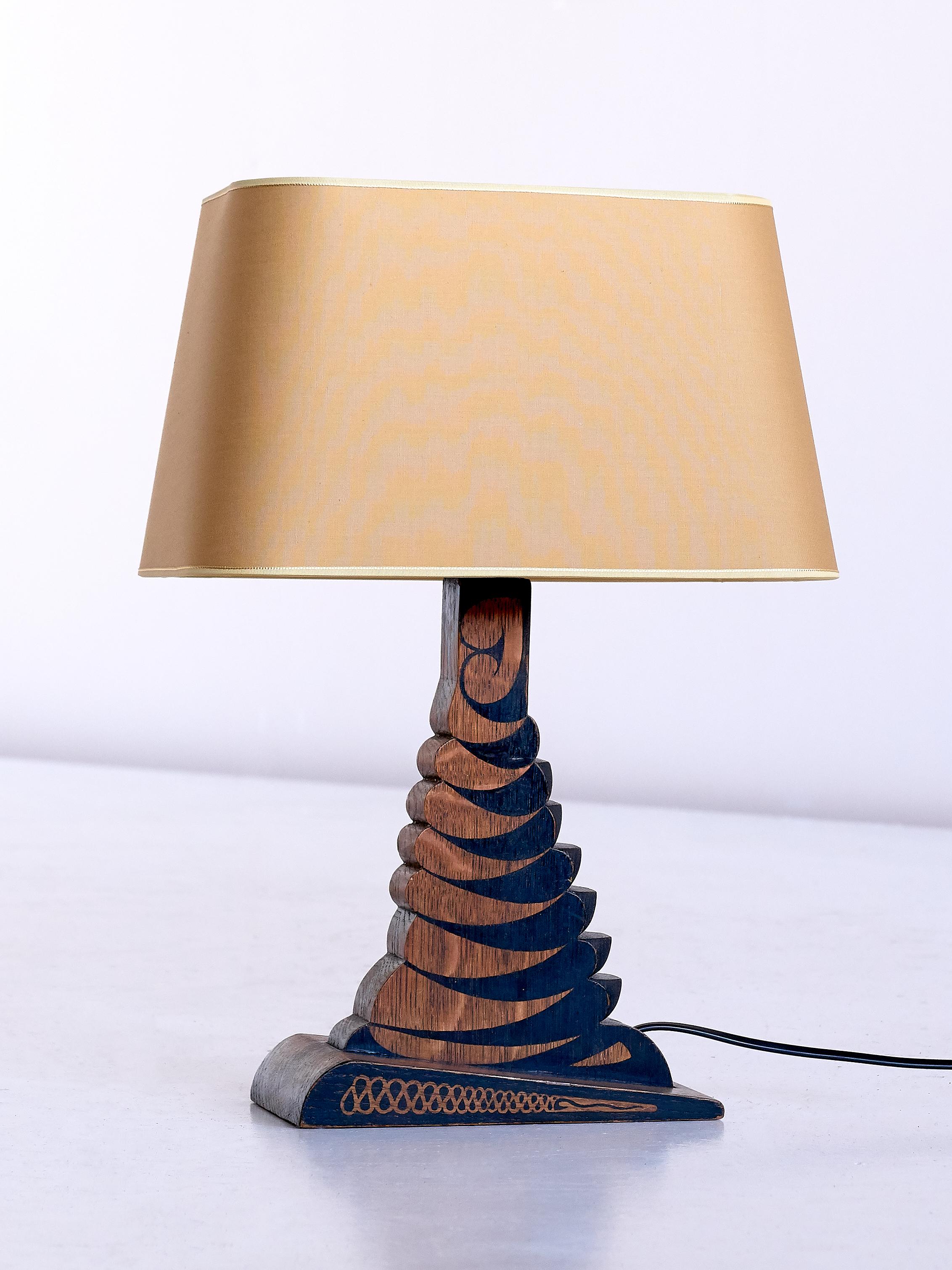 Fabric Louis Bogtman Batiked Oak Table Lamp with Yellow Gold Shade, Netherlands, 1925