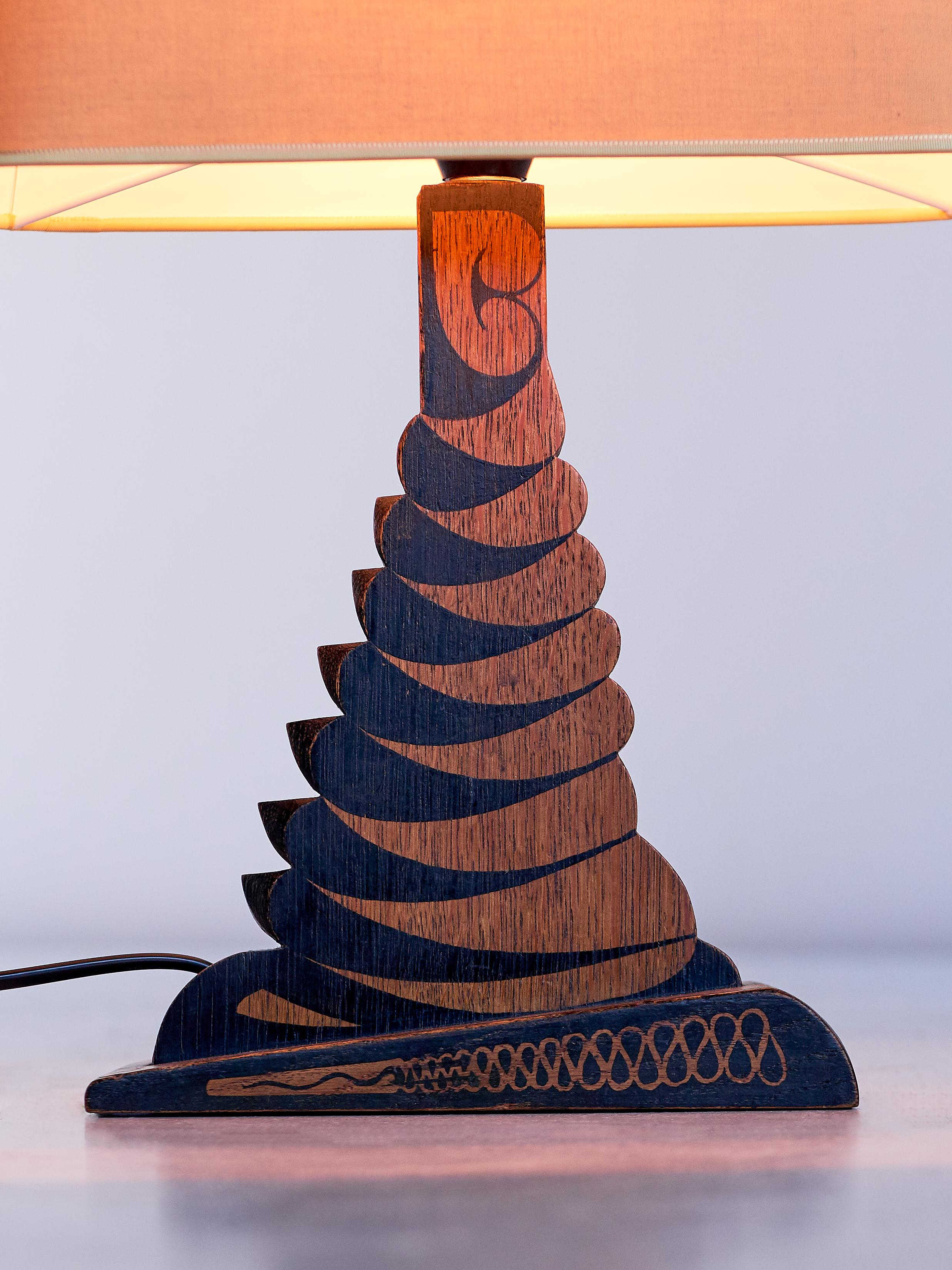 Louis Bogtman Batiked Oak Table Lamp with Yellow Gold Shade, Netherlands, 1925 2