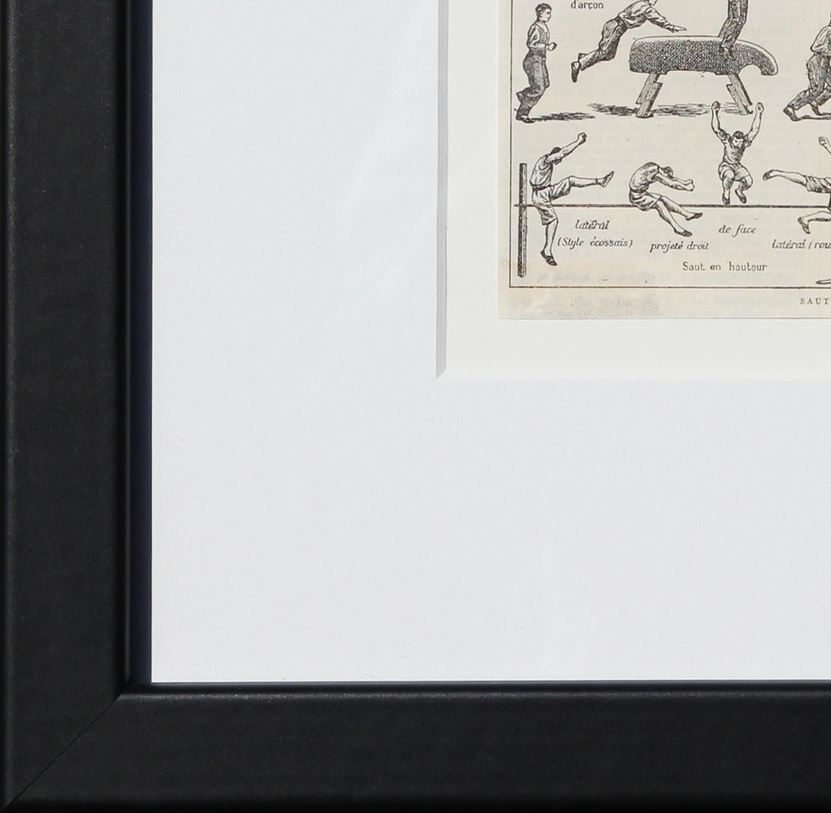 Incisione figurativa francese tratta dal dizionario Larousse di vari eventi ginnici di volteggio. Ogni evento presenta diverse fasi di movimento, simili allo stile di Eadweard Muybridge. Attualmente è appeso in un solido nero con un'ampia stuoia