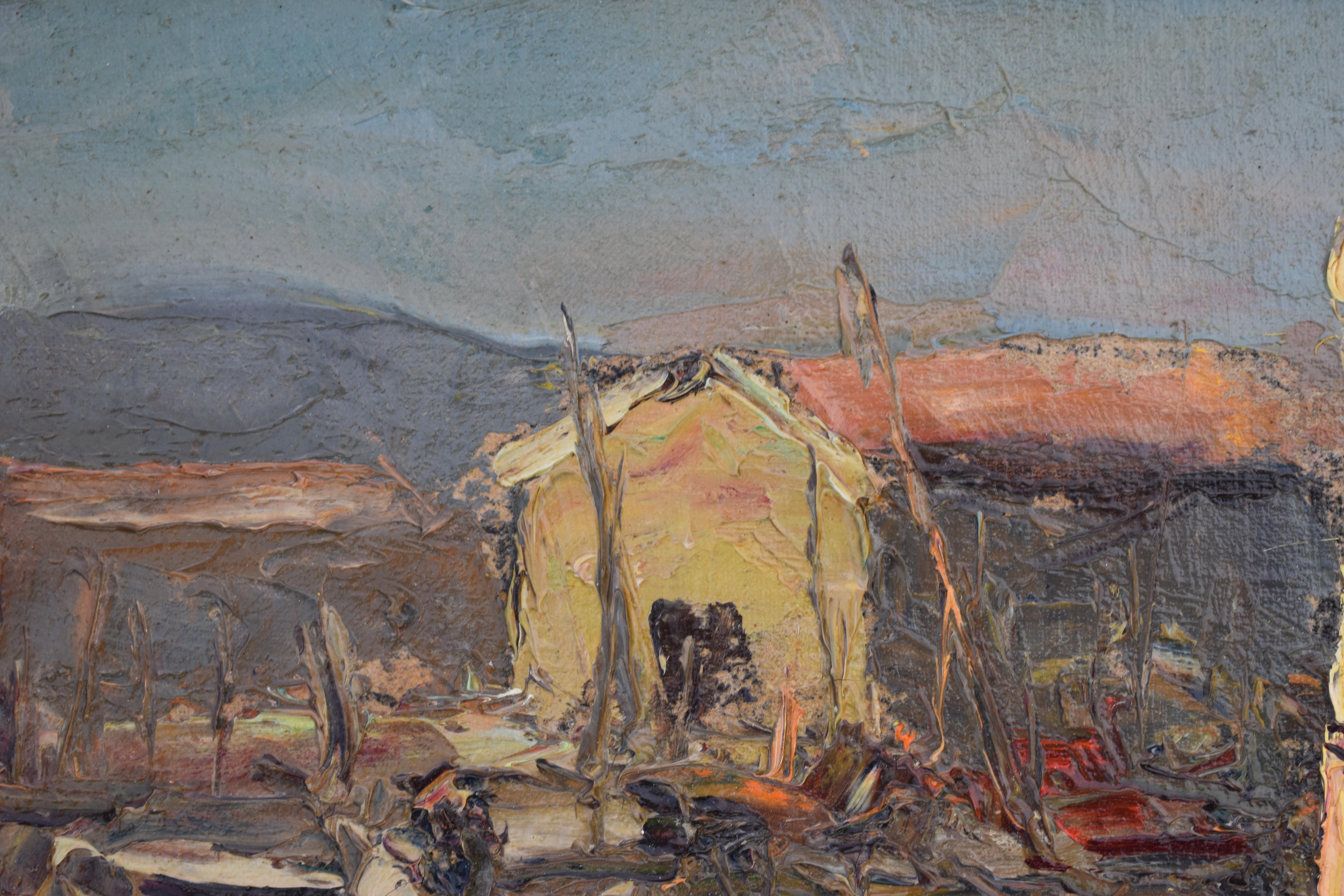 Louis BONAMICI (1878-1966) École de Provence Post-impressionniste 
Les barques de peche c1920
Une charmante peinture post-impressionniste représentant des bateaux de pêche nichés dans un port du sud de la France.
Louis Jean Alfred Bonamici est né