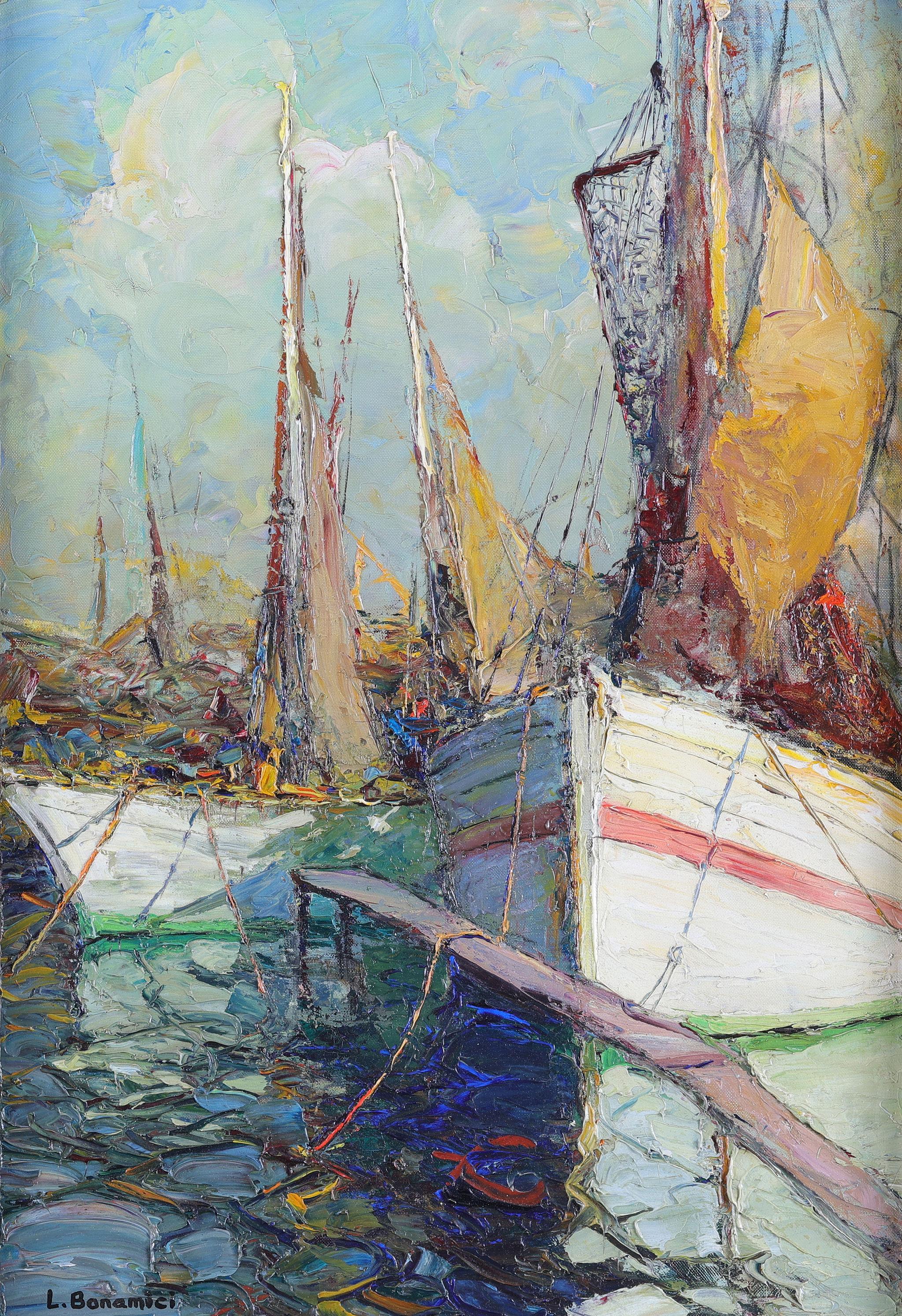 Sailing Boats at Harbour - Painting by Louis Bonamici