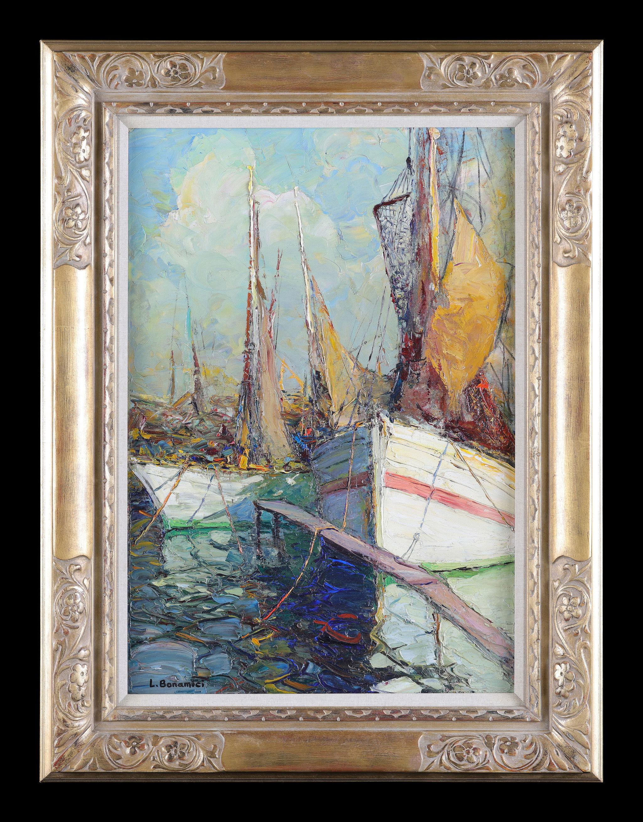 Louis Bonamici Landscape Painting - Sailing Boats at Harbour