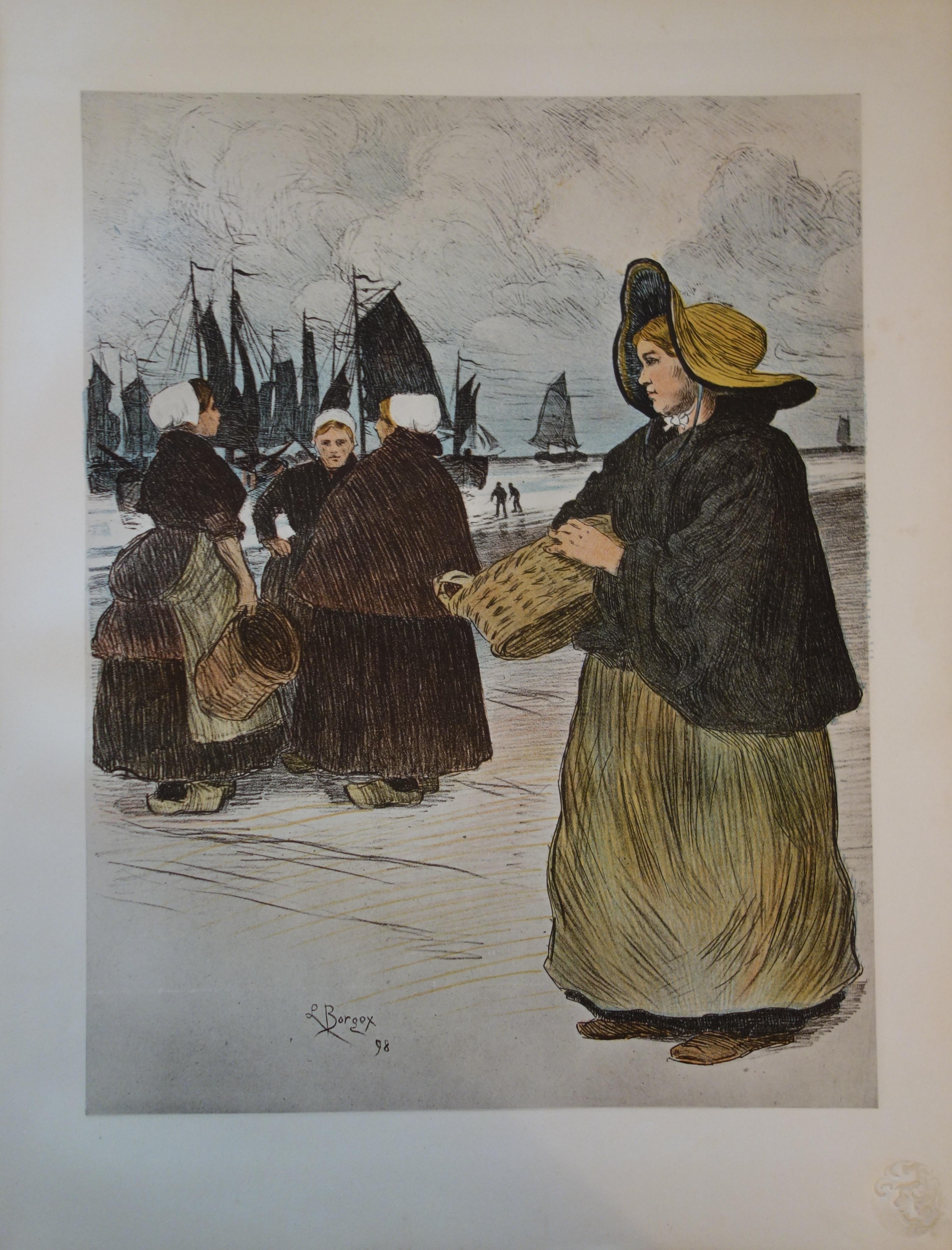 Brittany : Women in the Harbour – Originallithographie, 1898 – Print von Louis Borgex