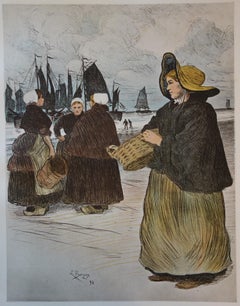 Bretaña : Mujeres en el puerto - Litografía original, 1898