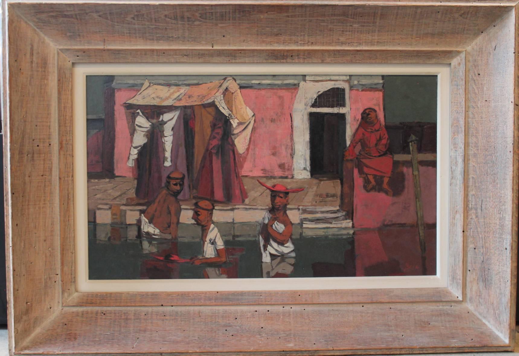 20th century painting of monks in Venice, Italian pink figural work - Painting by Louis Bosa