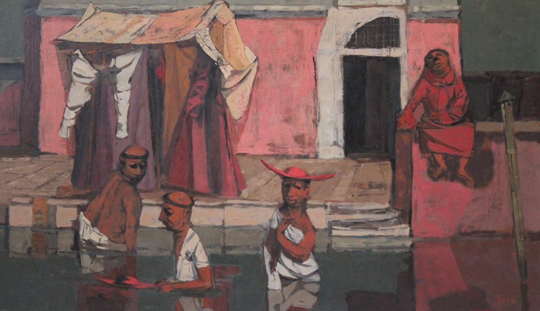 Louis Bosa Landscape Painting - 20th century painting of monks in Venice, Italian pink figural work