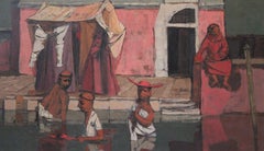 20th century painting of monks in Venice, Italian pink figural work
