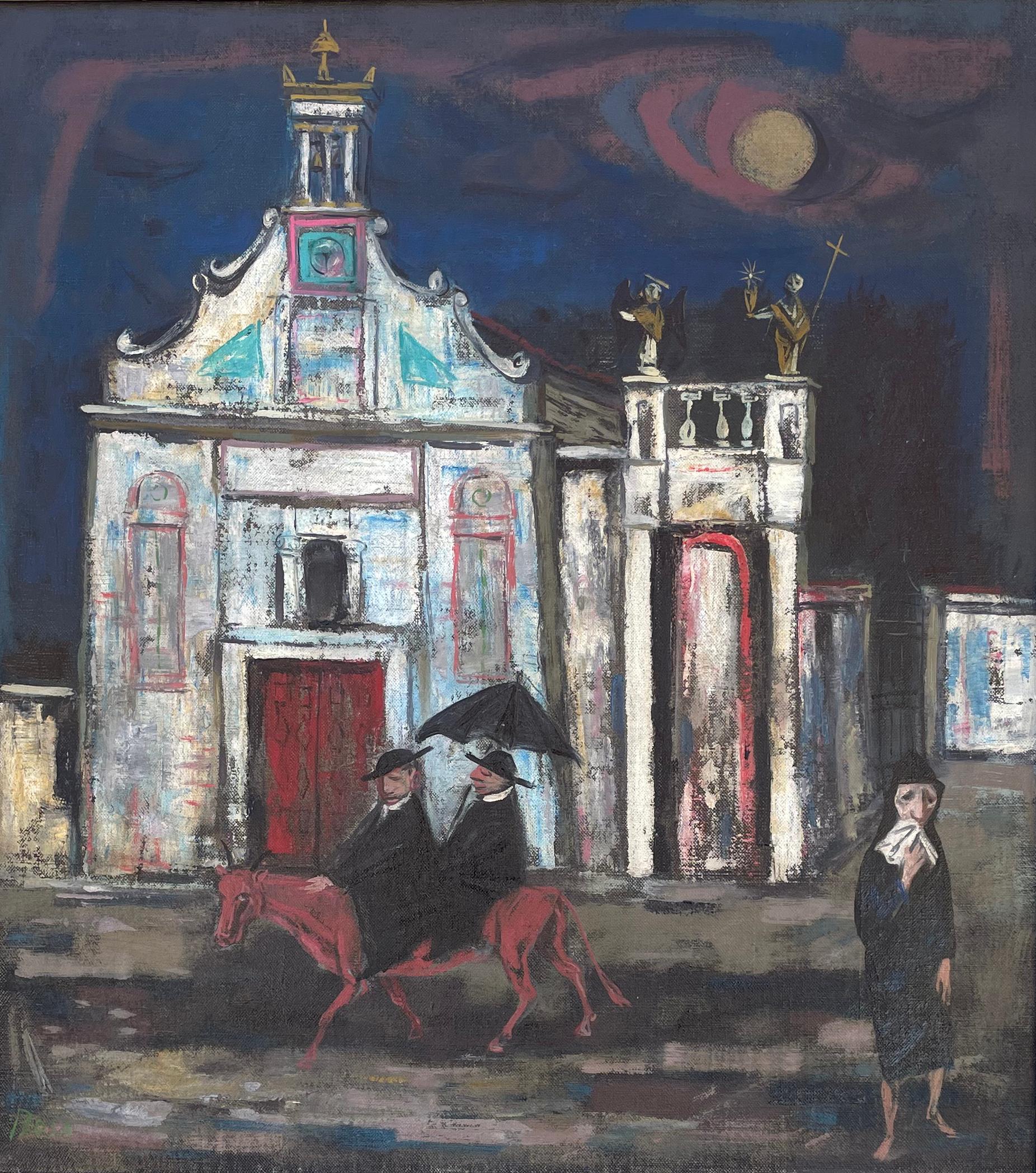 Louis Bosa Figurative Painting - An Evening Prayer, Italian church scene with nun and priests