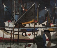 Boat Dock, Dark Night Seascape, 20th Century Italian-American Artist
