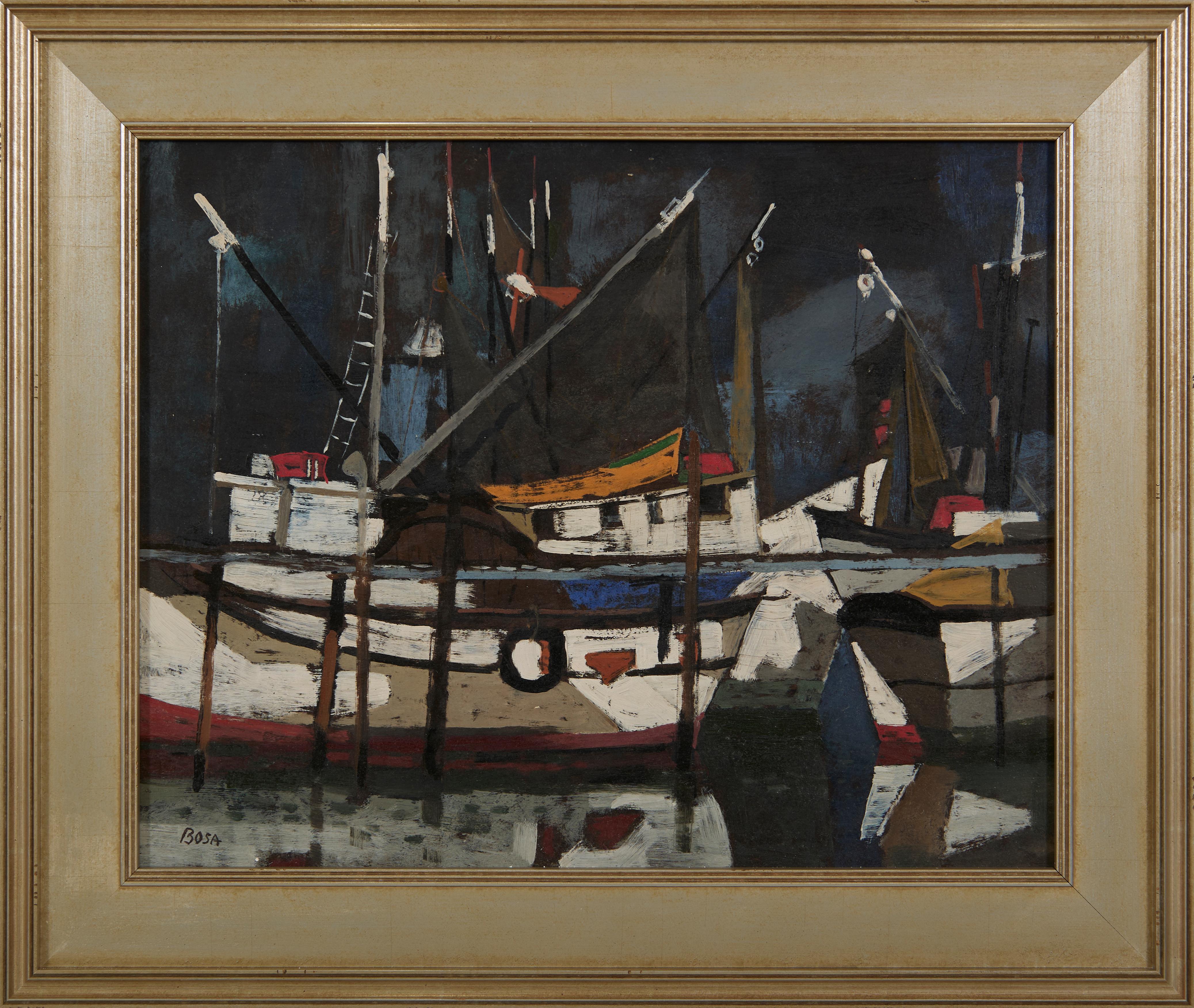 Bootsanleger, dunkle nächtliche Seelandschaft, italienisch-amerikanischer Künstler des 20.