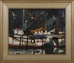 Molo della barca, paesaggio marino notturno, artista italo-americano del XX secolo