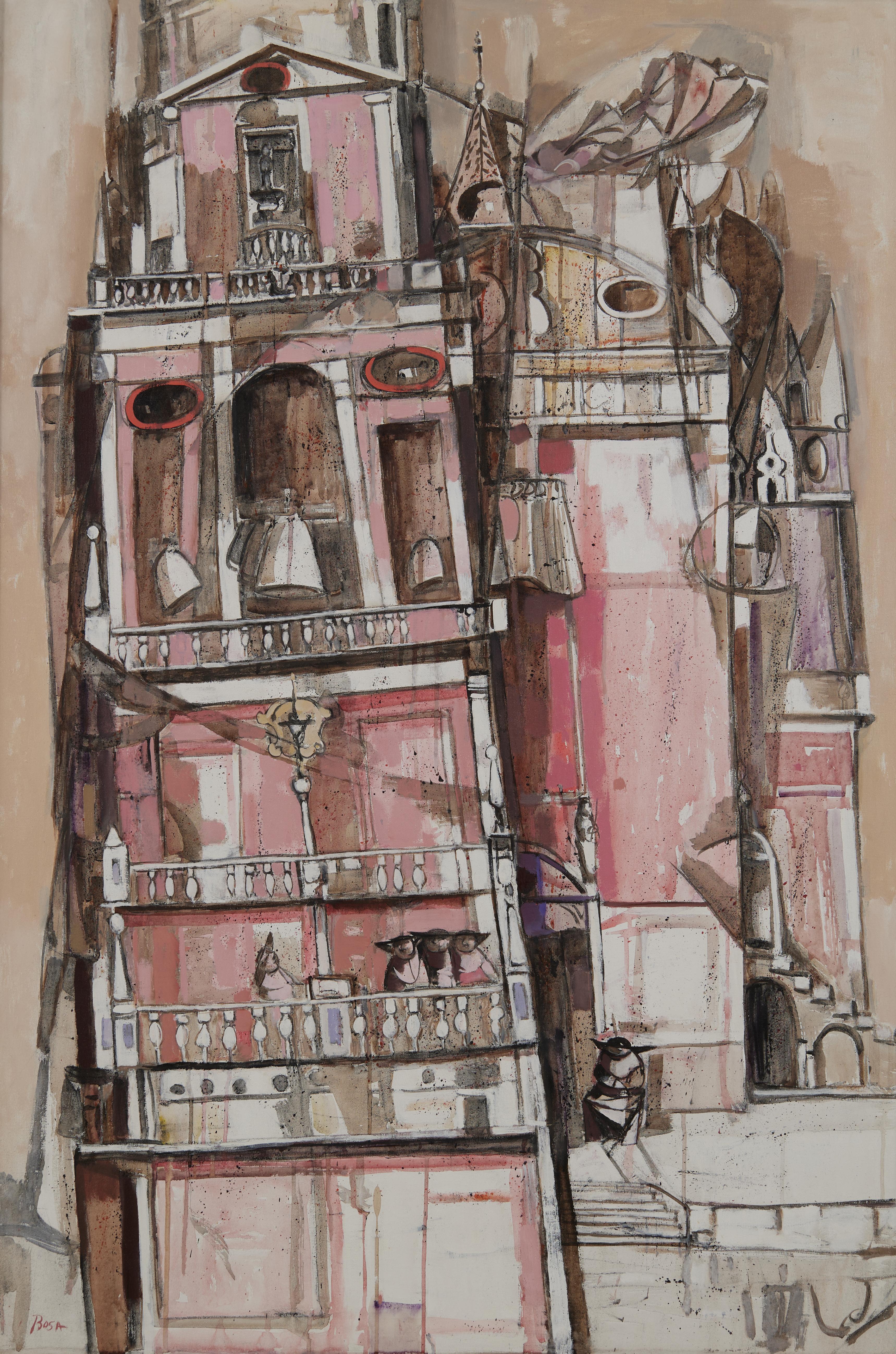 La cathédrale de Venise, grande peinture à l'huile du 20e siècle, artiste italo-américain