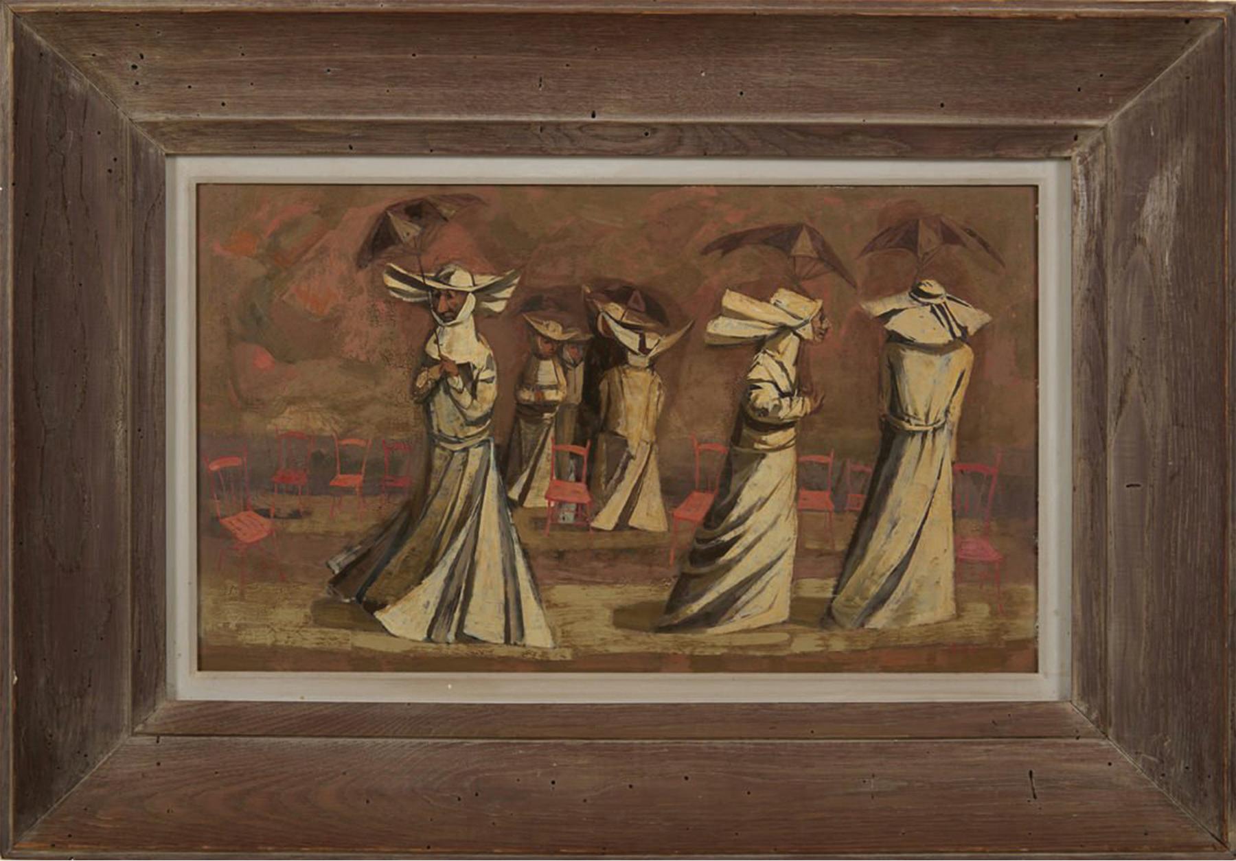 Costa Brava, Spagna, suore con ombrelli e sedie, scena surrealista - Painting di Louis Bosa