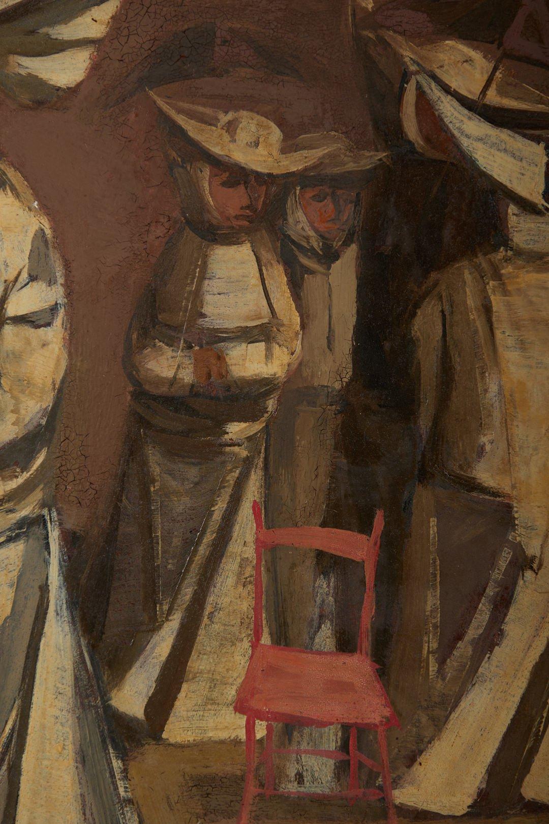 Costa Brava, Spagna, suore con ombrelli e sedie, scena surrealista - Figurative Painting Marrone di Louis Bosa