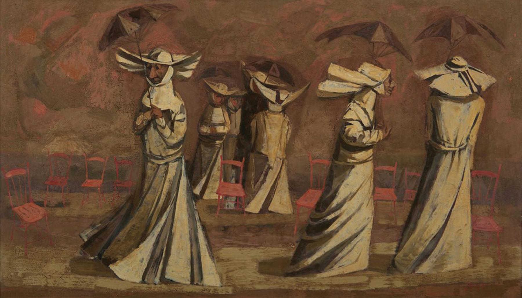 Figurative Painting di Louis Bosa - Costa Brava, Spagna, suore con ombrelli e sedie, scena surrealista