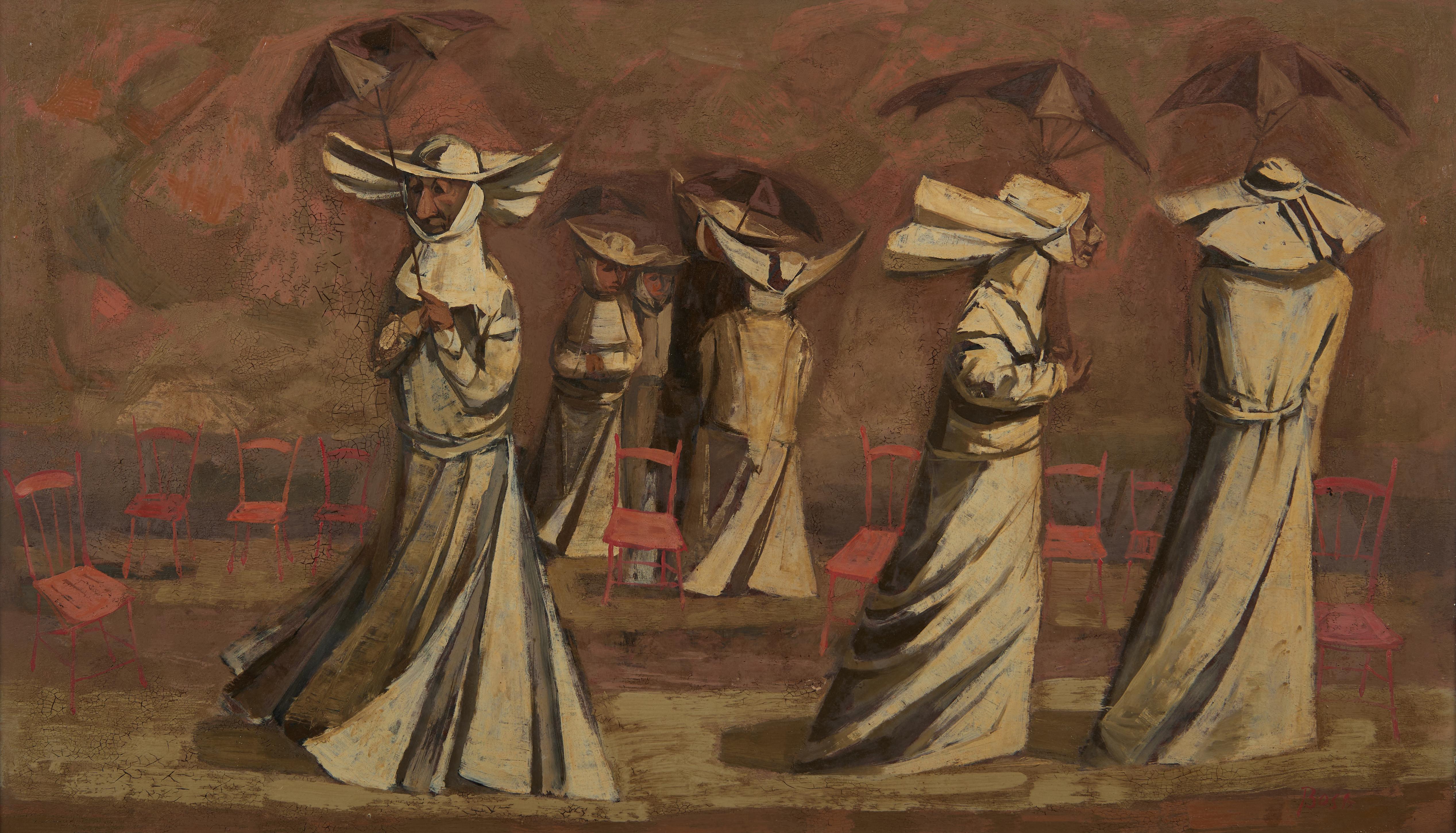 Louis Bosa Figurative Painting – Costa Brava, Spanien, Nuns mit Schirmen und Stühlen, Surrealistische Szene