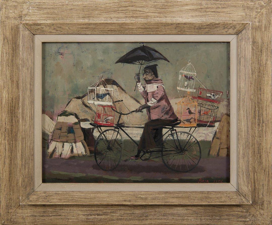 Ciclista con gabbie per uccelli e ombrello, dipinto stravagante di metà secolo, artista italiano - Painting di Louis Bosa
