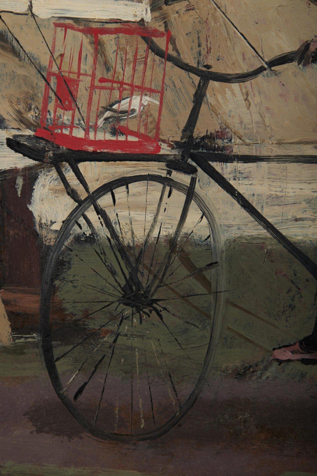 Louis Bosa (americano, 1905-1981)
Ciclista con gabbie per uccelli e ombrello, 1956
Olio su tavola
Firmato e datato in basso a destra
12 x 16 pollici
18,75 x 22,75 pollici, incorniciato

Nasce a Codroipo, un piccolo paese a pochi chilometri da