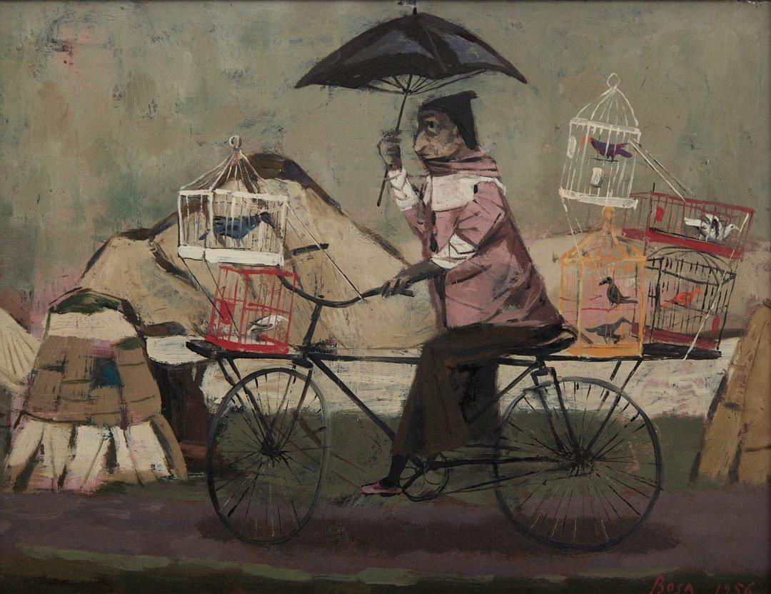 Figurative Painting di Louis Bosa - Ciclista con gabbie per uccelli e ombrello, dipinto stravagante di metà secolo, artista italiano
