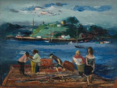 Fishing Wharf, Rockport, Massachusetts Scene w/ People & Boats