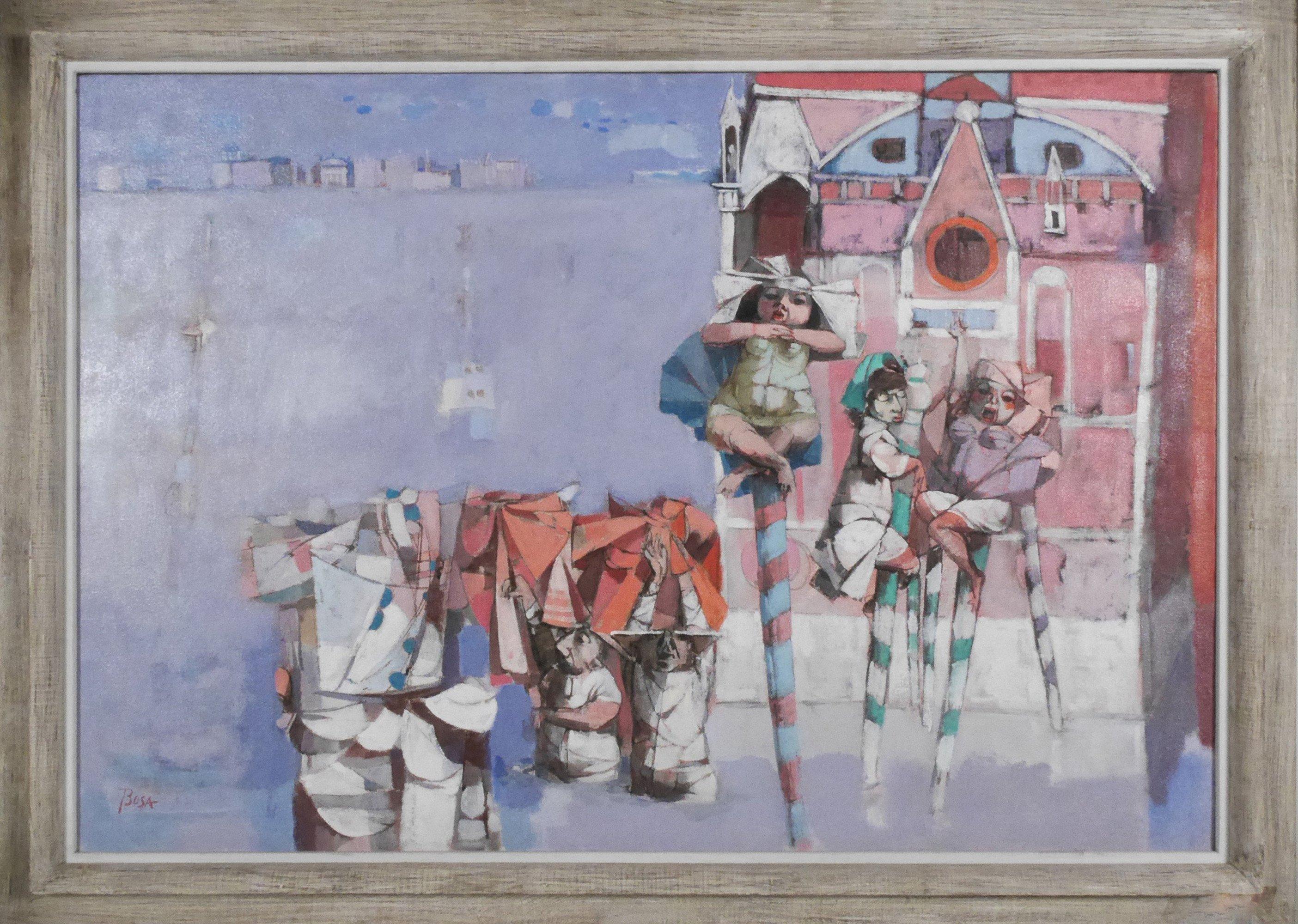 Alluvione a Venezia, artista italiano, rappresentazione umoristica di uomini e donne - Painting di Louis Bosa