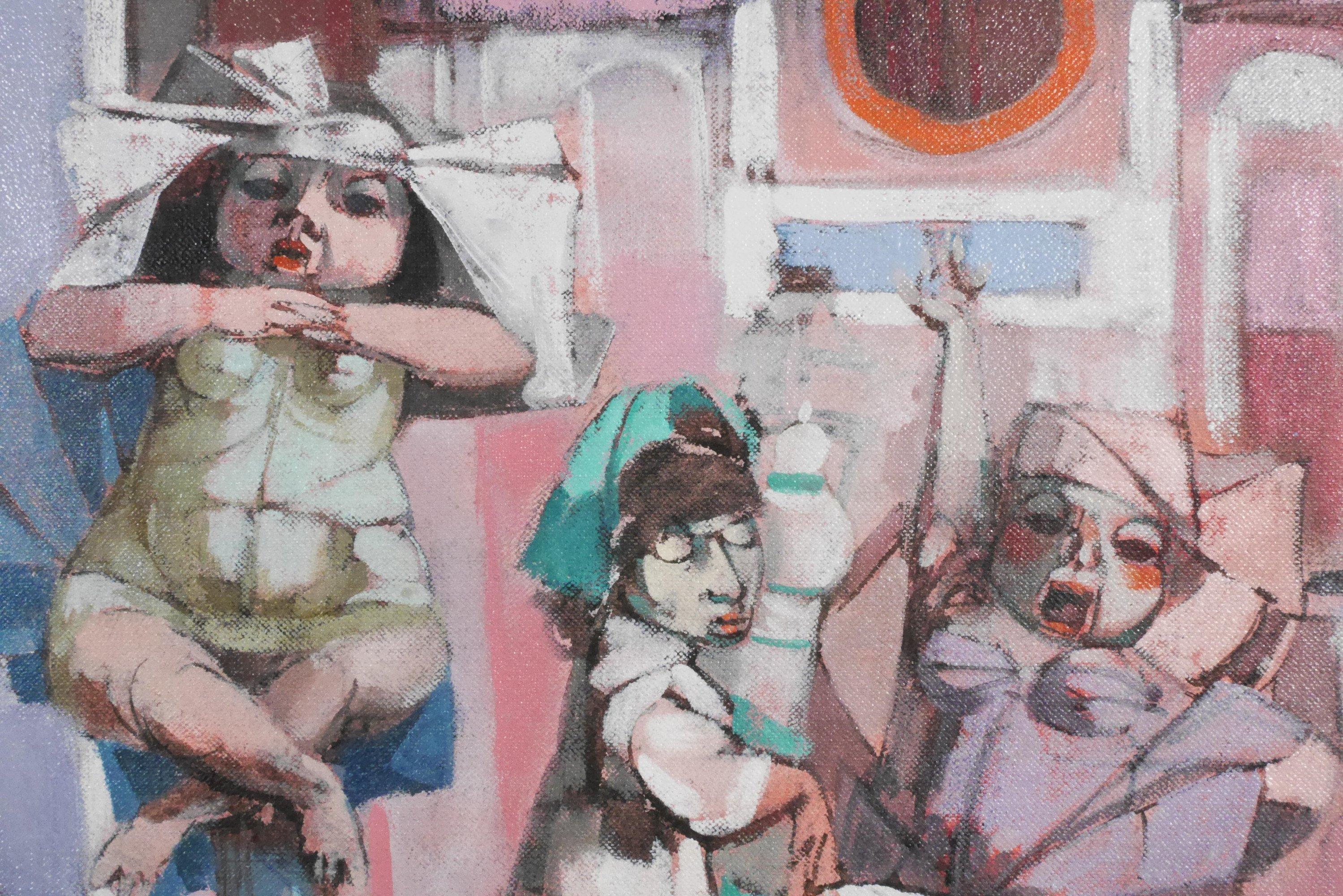 Alluvione a Venezia, artista italiano, rappresentazione umoristica di uomini e donne - Figurative Painting Grigio di Louis Bosa