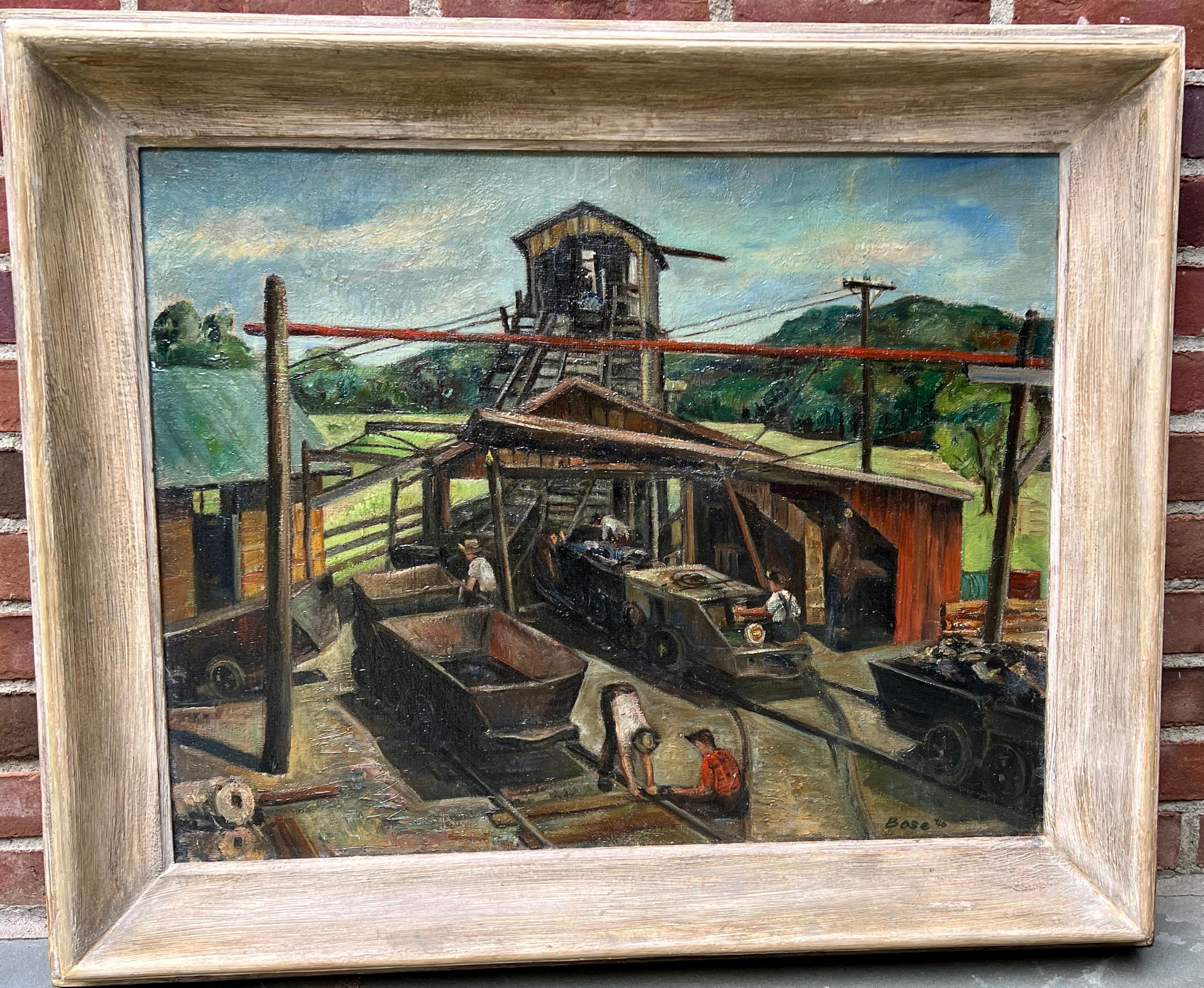 Industrielle Eisenbahn WPA Mitte des 20. Jahrhunderts Amerikanische Szene Ländlicher moderner Realismus (Schwarz), Figurative Painting, von Louis Bosa