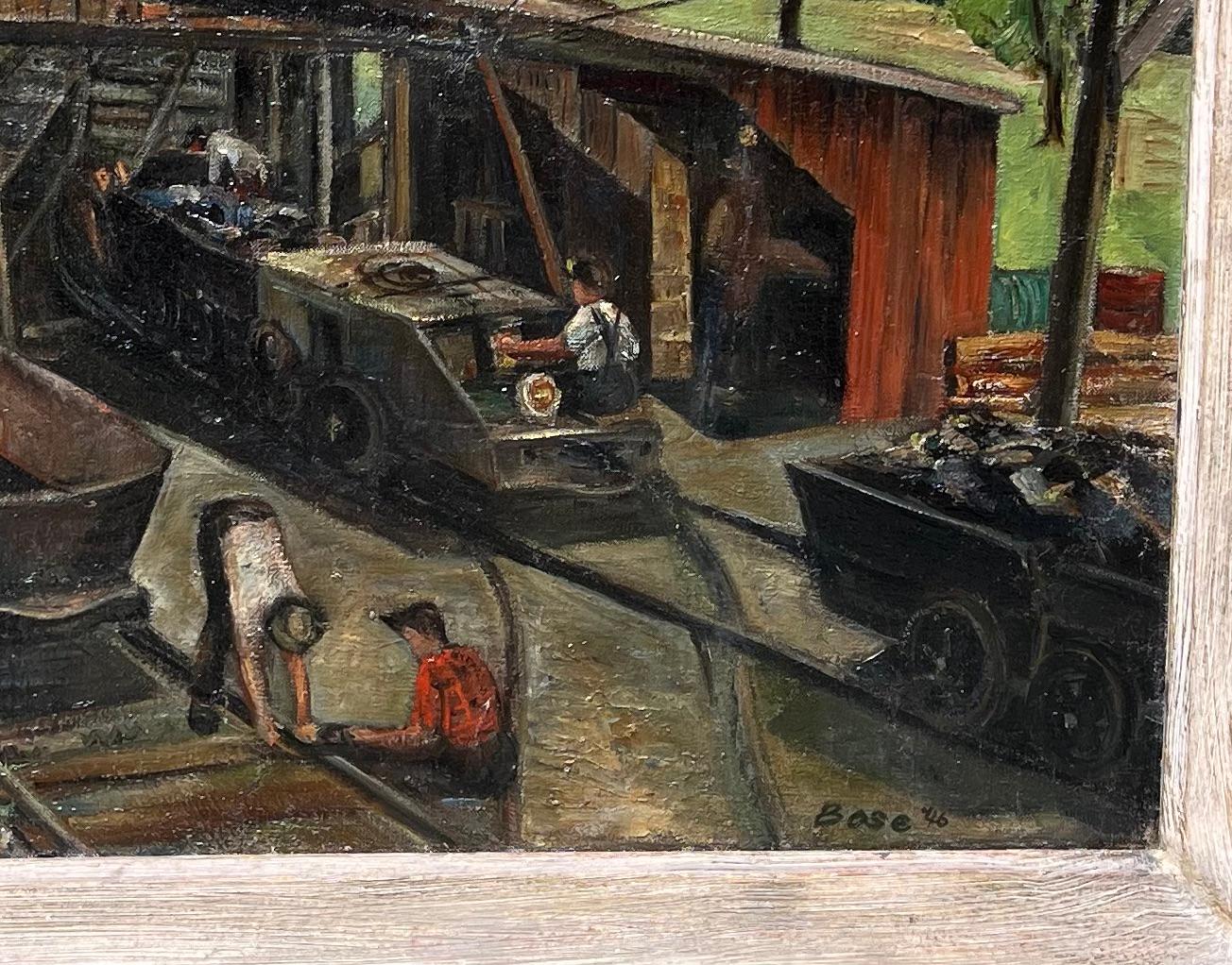 Industrielle Eisenbahn WPA Mitte des 20. Jahrhunderts Amerikanische Szene Ländlicher moderner Realismus

Großes Genrebild in Öl auf Leinwand, das Arbeiter bei der Arbeit an einer Eisenbahn zeigt, mit einer ländlichen Landschaft im Hintergrund unter