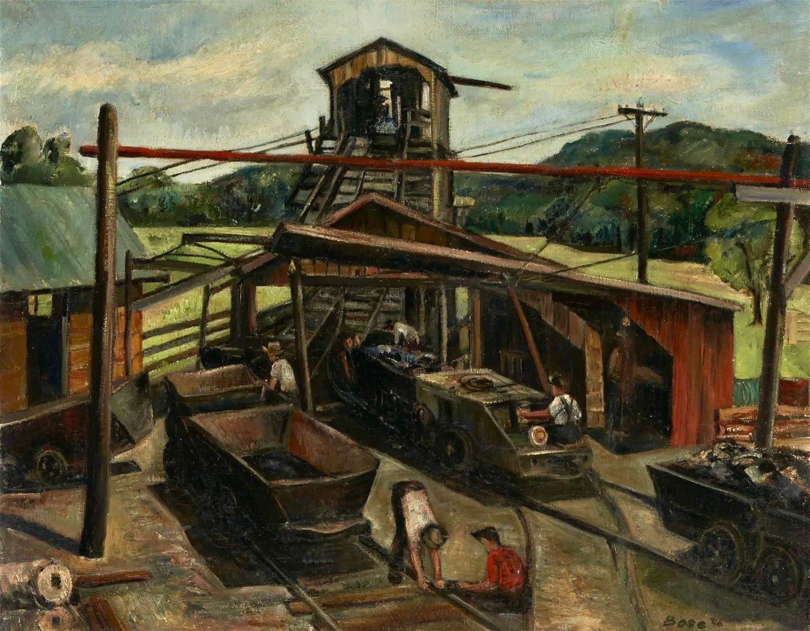 Figurative Painting Louis Bosa - Chemin de fer industriel WPA Scène américaine moderne du milieu du 20e siècle Réalisme rural