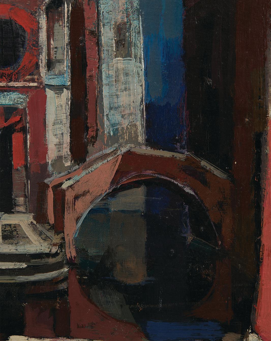 Mid-20th Century Venetian Canal Cityscape, Italian-American artist - Black Landscape Painting by Louis Bosa