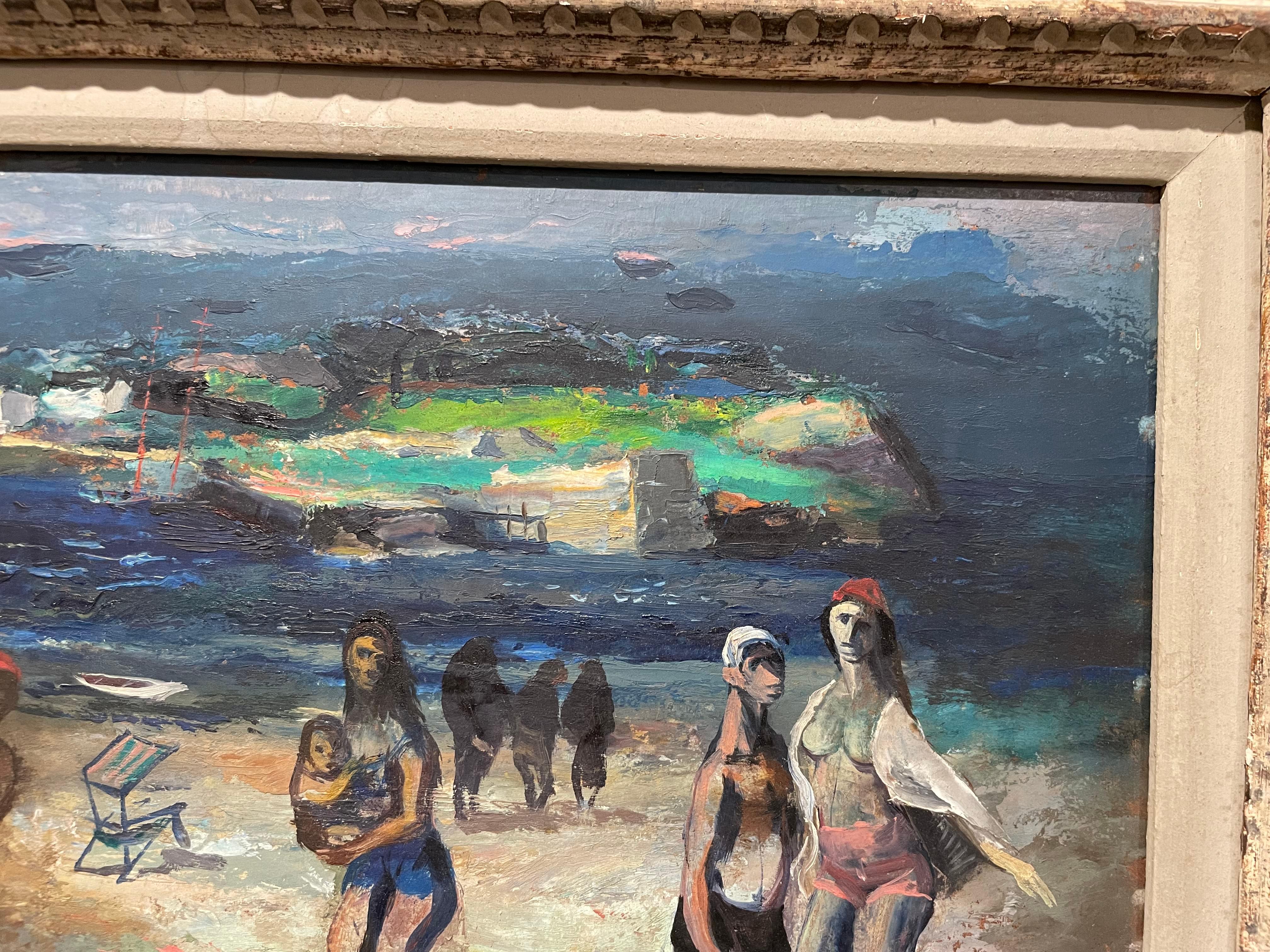 Moody Beach Scene, Surreale figurative familiarl Scene, italienischer Künstler aus der Mitte des Jahrhunderts im Angebot 6