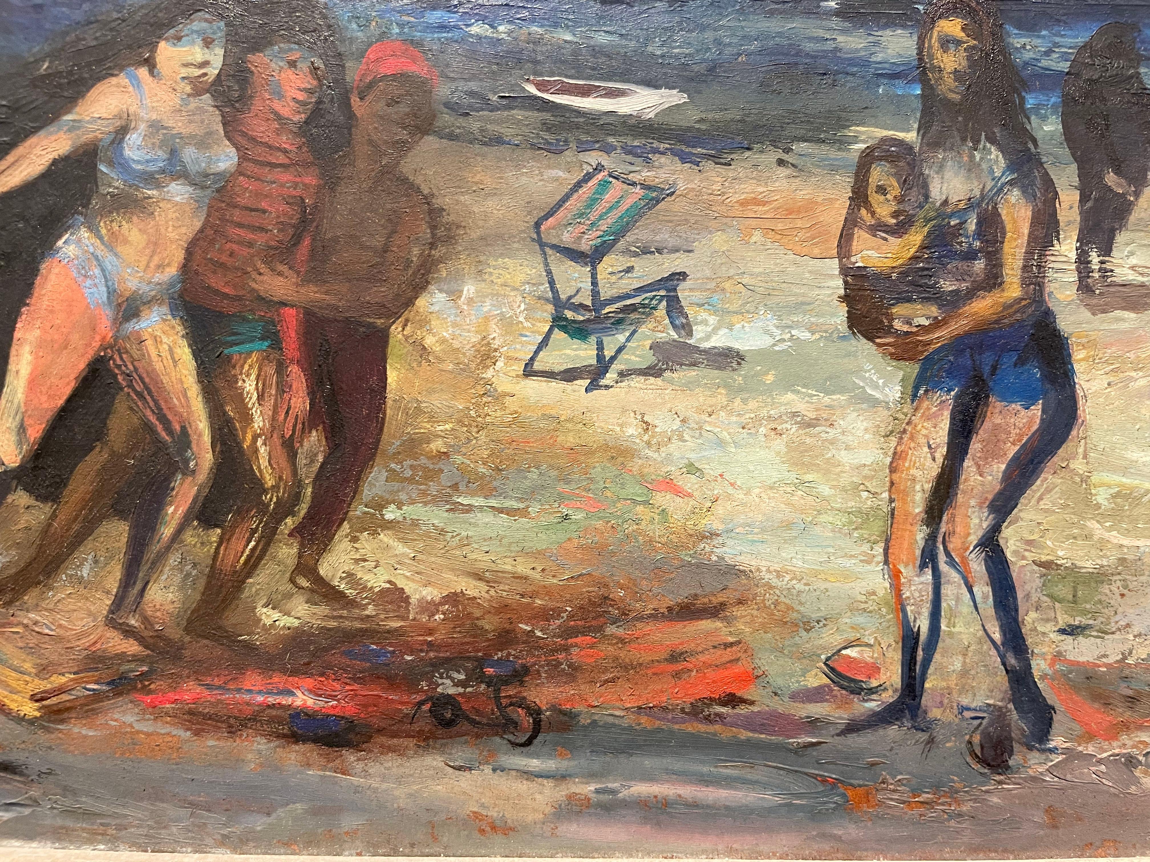 Moody Beach Scene, Surreale figurative familiarl Scene, italienischer Künstler aus der Mitte des Jahrhunderts im Angebot 7