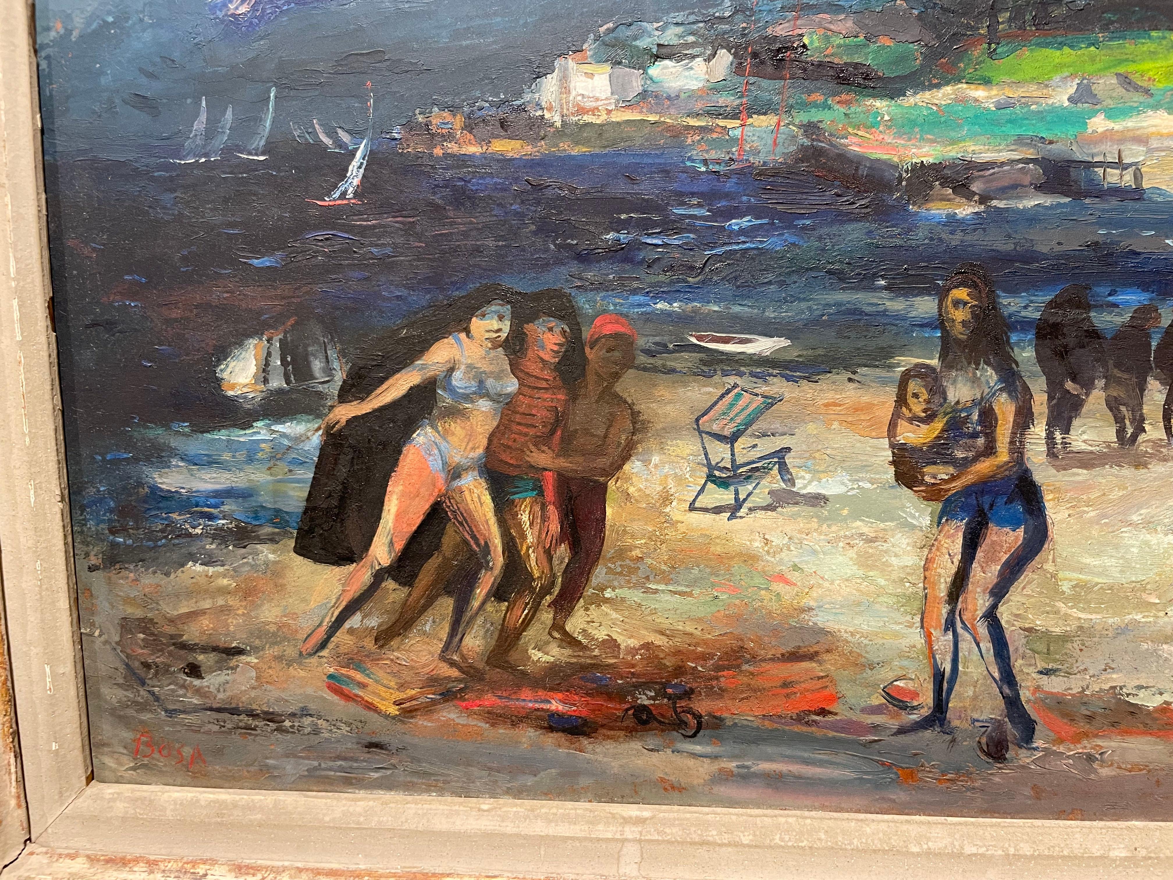 Moody Beach Scene, Surreale figurative familiarl Scene, italienischer Künstler aus der Mitte des Jahrhunderts im Angebot 8