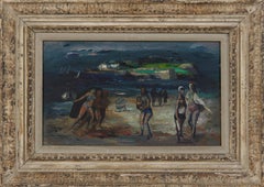 Moody Beach Scene, Surreal Mid-Century Figurative Familial Scene Italian Artist