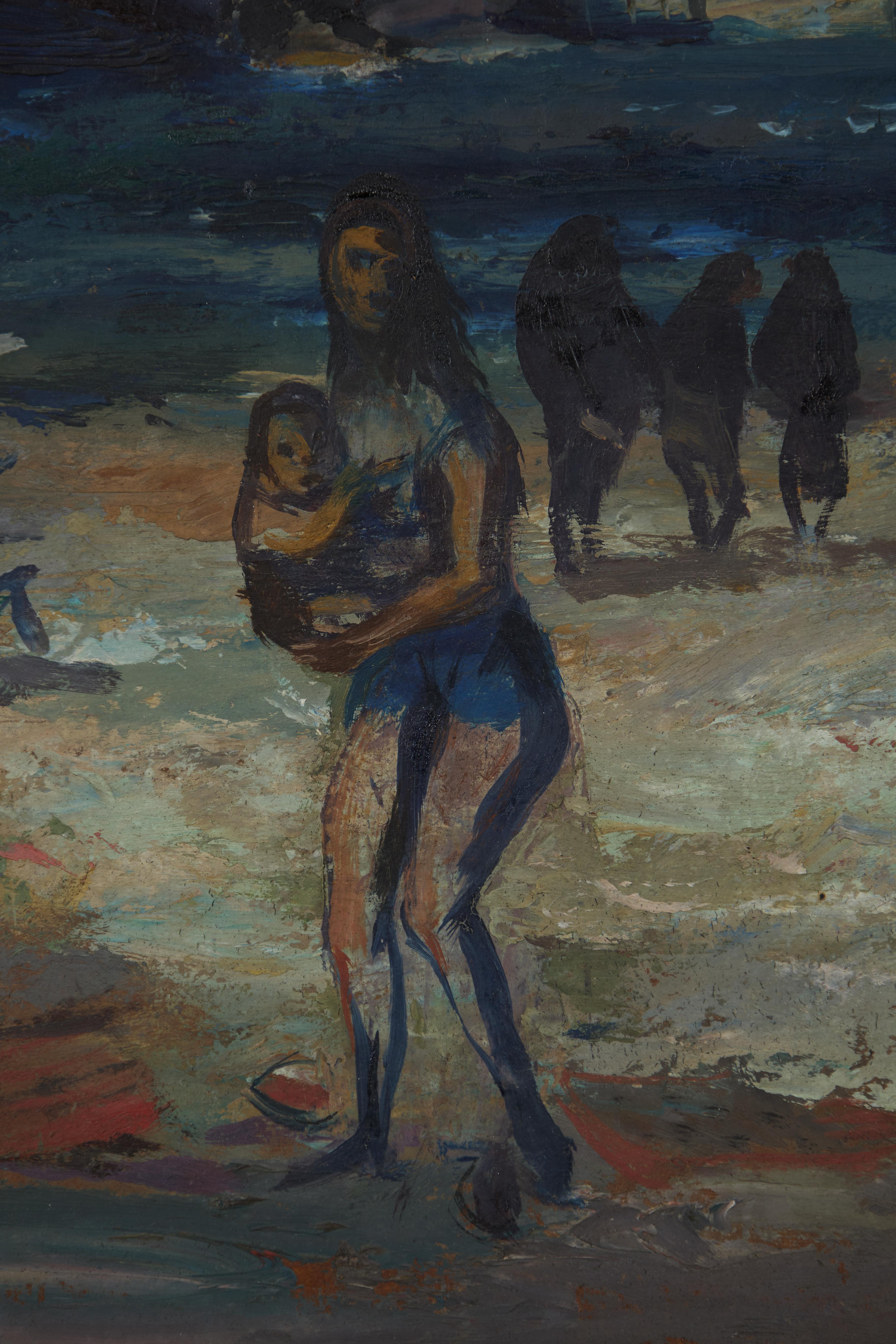 Escena de playa, surrealista Escena familiar figurativa de mediados de siglo Artista italiano - Landscape Painting Negro de Louis Bosa