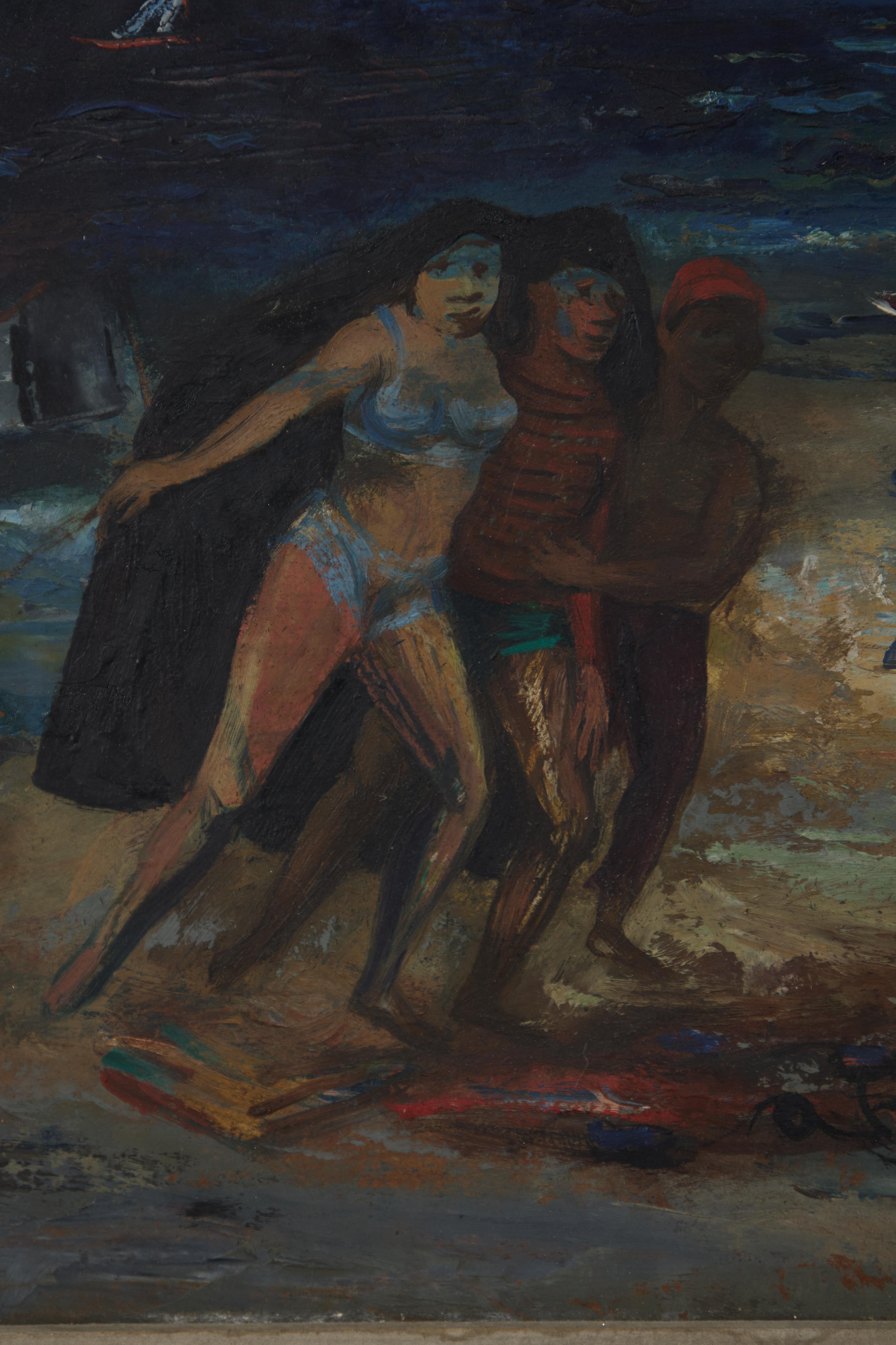 Louis Bosa (estadounidense, 1905-1981)
La playa, c. 1960
Óleo sobre tabla 
Firmado abajo a la izquierda
11,75 x 19,5 pulgadas
20 x 28 pulgadas, enmarcado

Nació en Codroipo, un pequeño pueblo a pocos kilómetros de Venecia, Italia, en 1905, hijo de