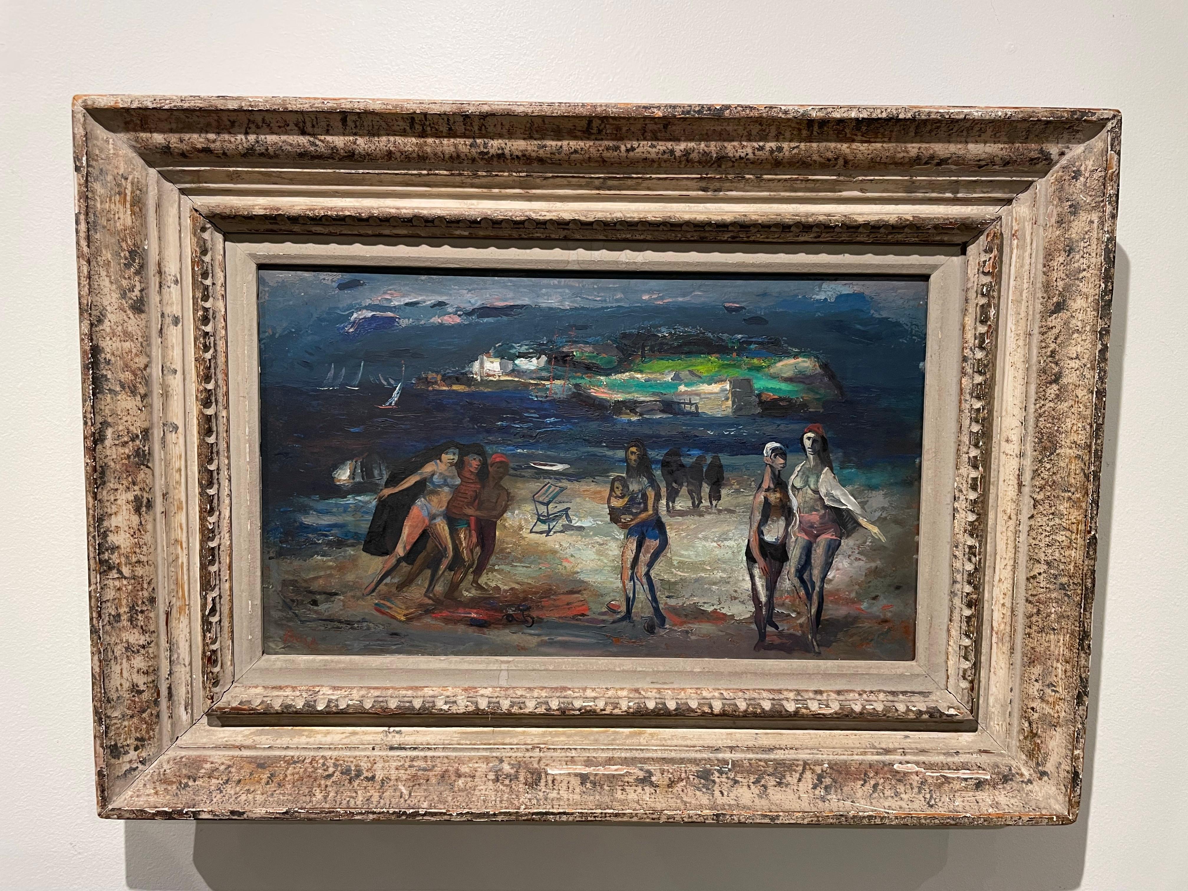 Moody Beach Scene, Surreale figurative familiarl Scene, italienischer Künstler aus der Mitte des Jahrhunderts im Angebot 3