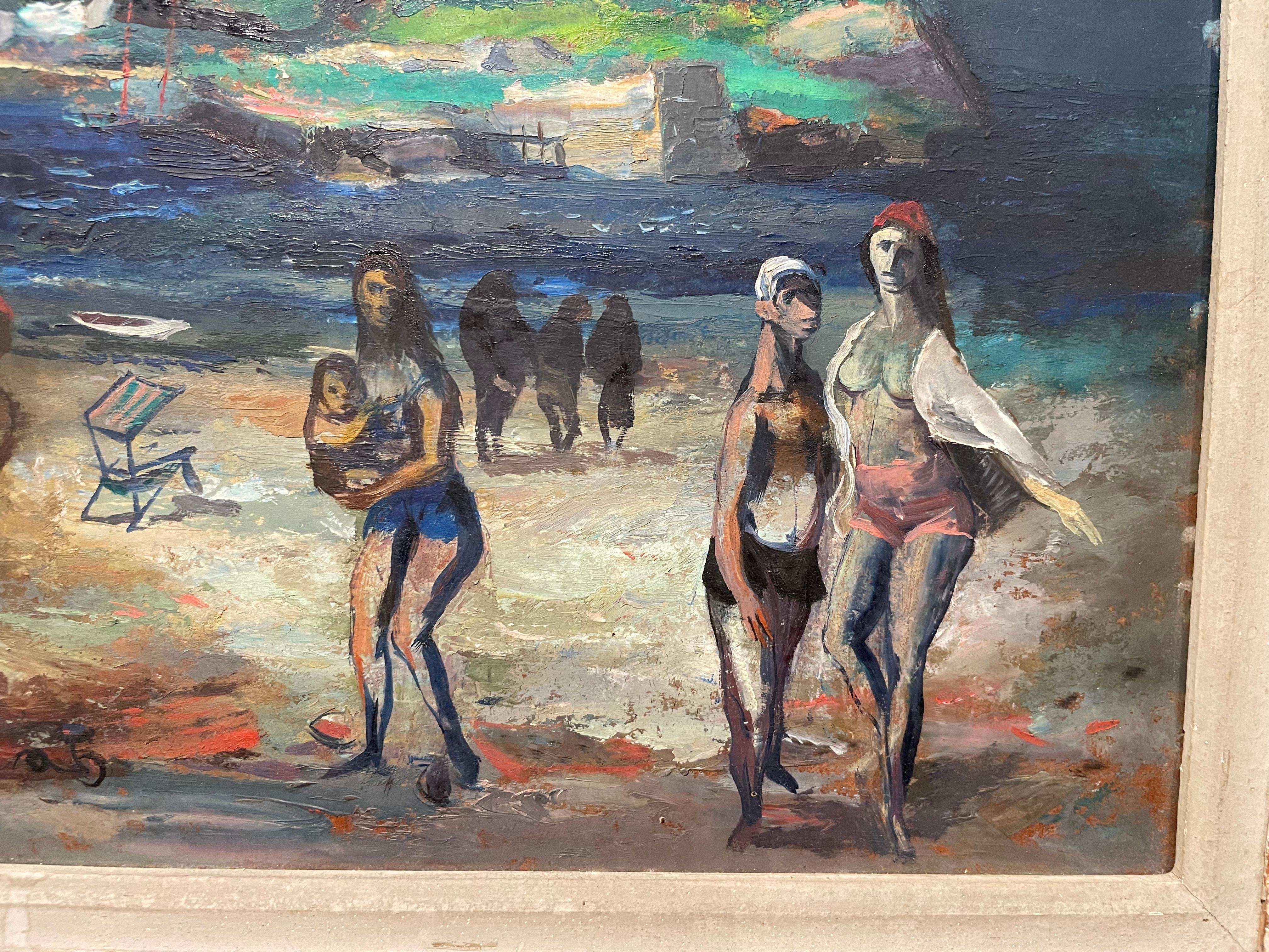 Moody Beach Scene, Surreale figurative familiarl Scene, italienischer Künstler aus der Mitte des Jahrhunderts im Angebot 4
