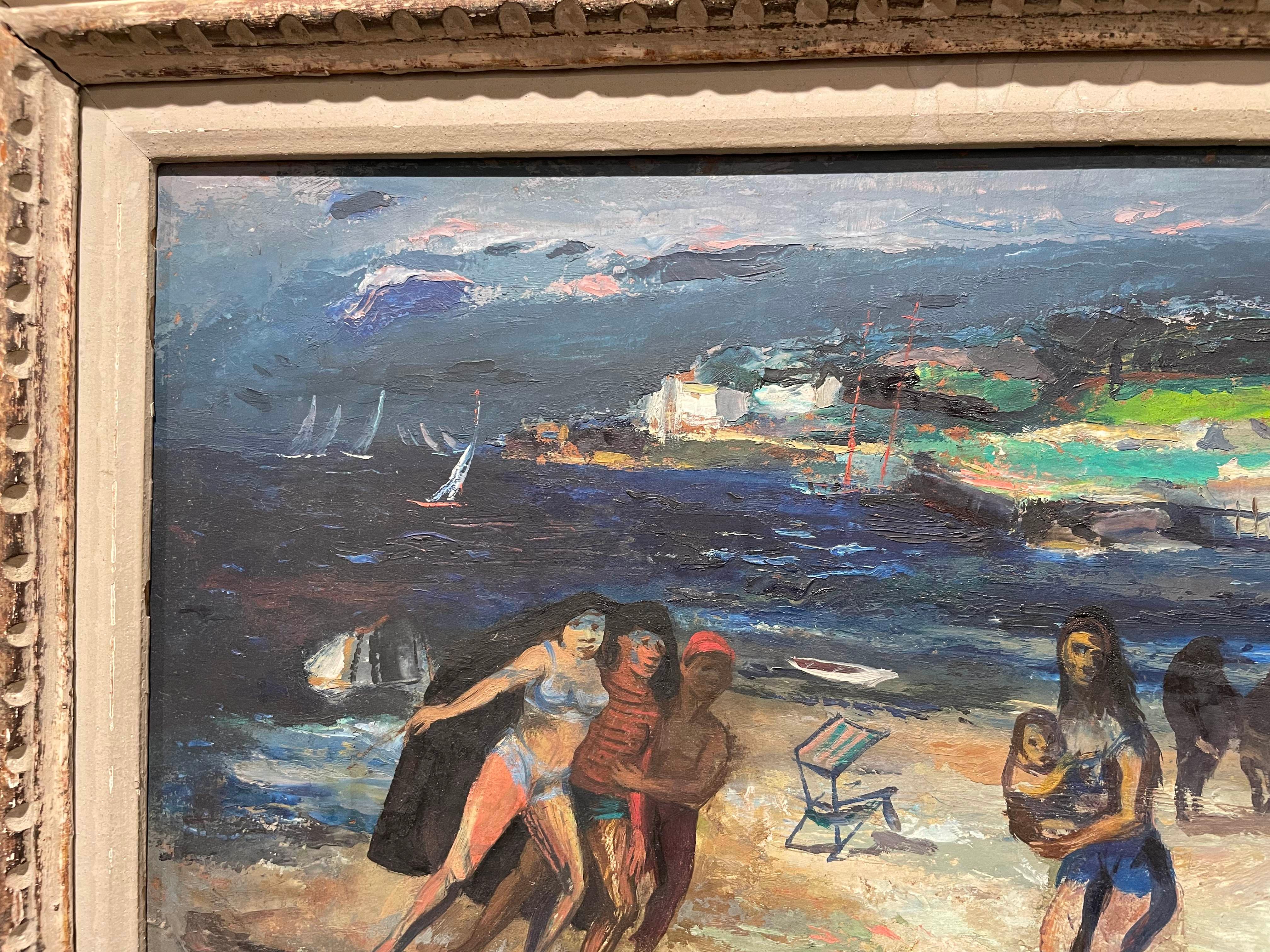 Moody Beach Scene, Surreale figurative familiarl Scene, italienischer Künstler aus der Mitte des Jahrhunderts im Angebot 5
