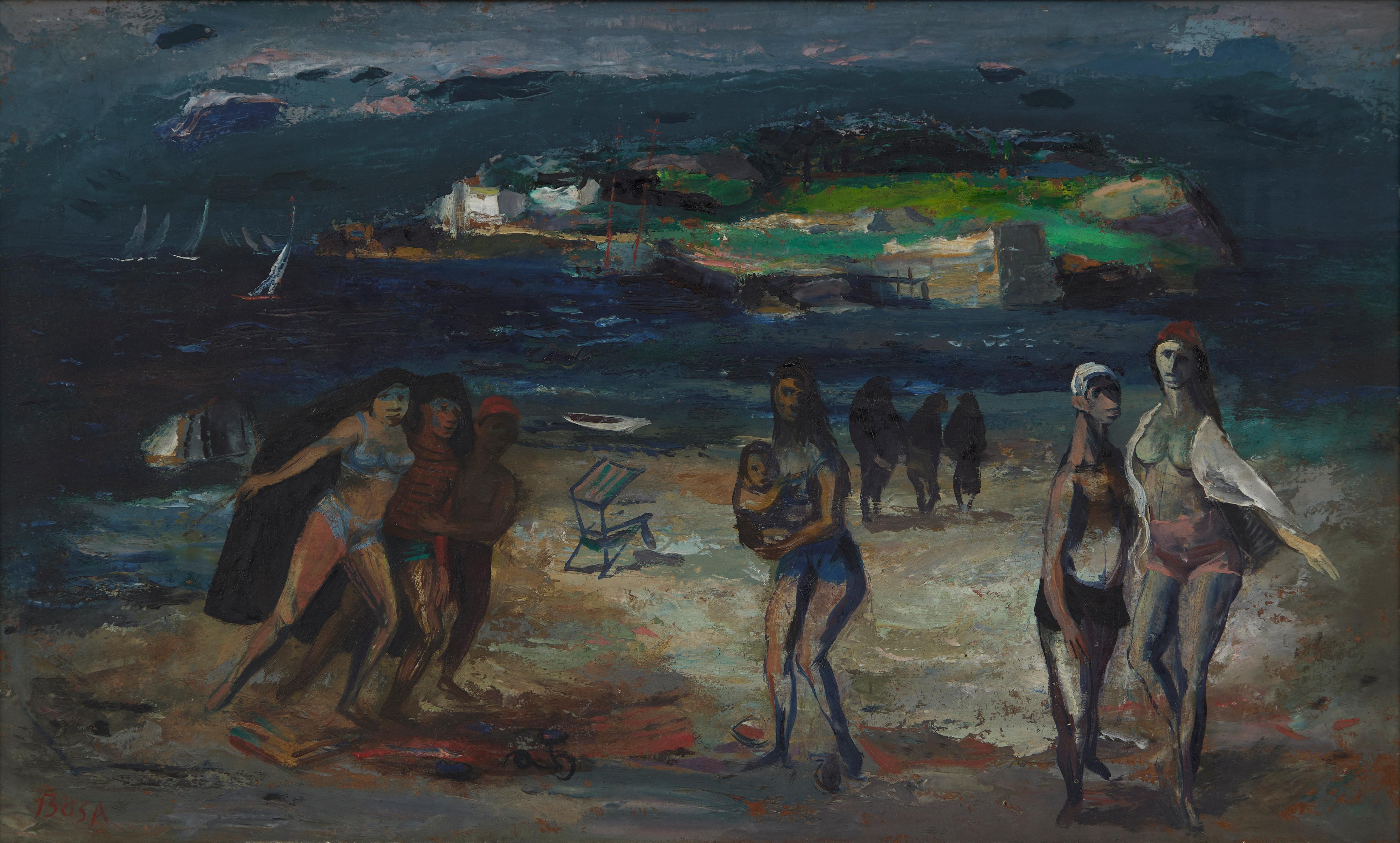 Landscape Painting de Louis Bosa - Escena de playa, surrealista Escena familiar figurativa de mediados de siglo Artista italiano